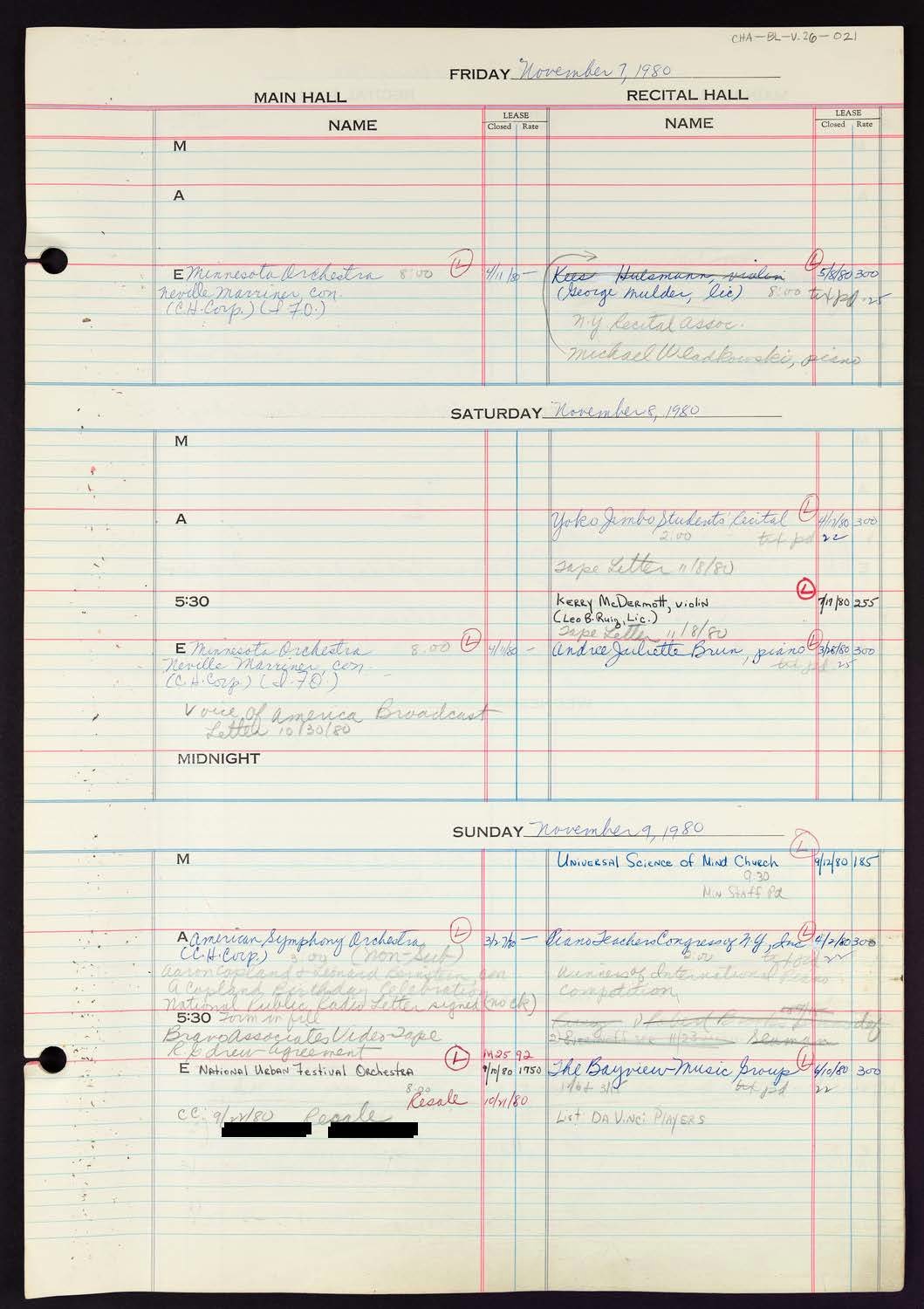 Carnegie Hall Booking Ledger, volume 26, page 21