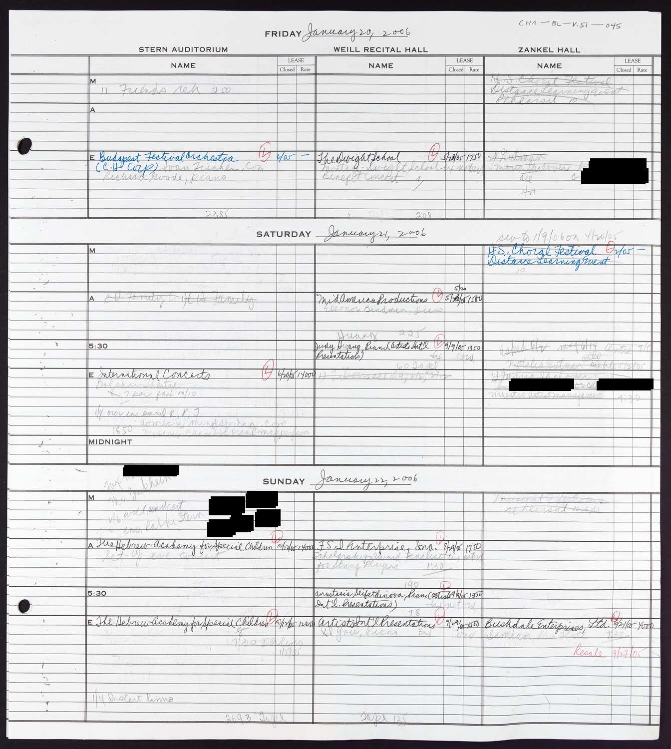 Carnegie Hall Booking Ledger, volume 51, page 45