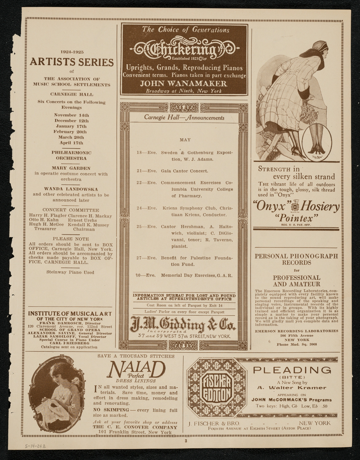 New York Chamber Symphony, May 14, 1924, program page 3