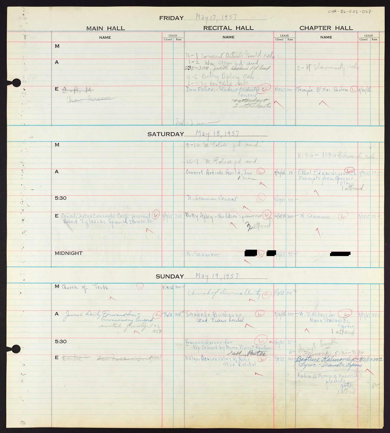 Carnegie Hall Booking Ledger, volume 2, page 67