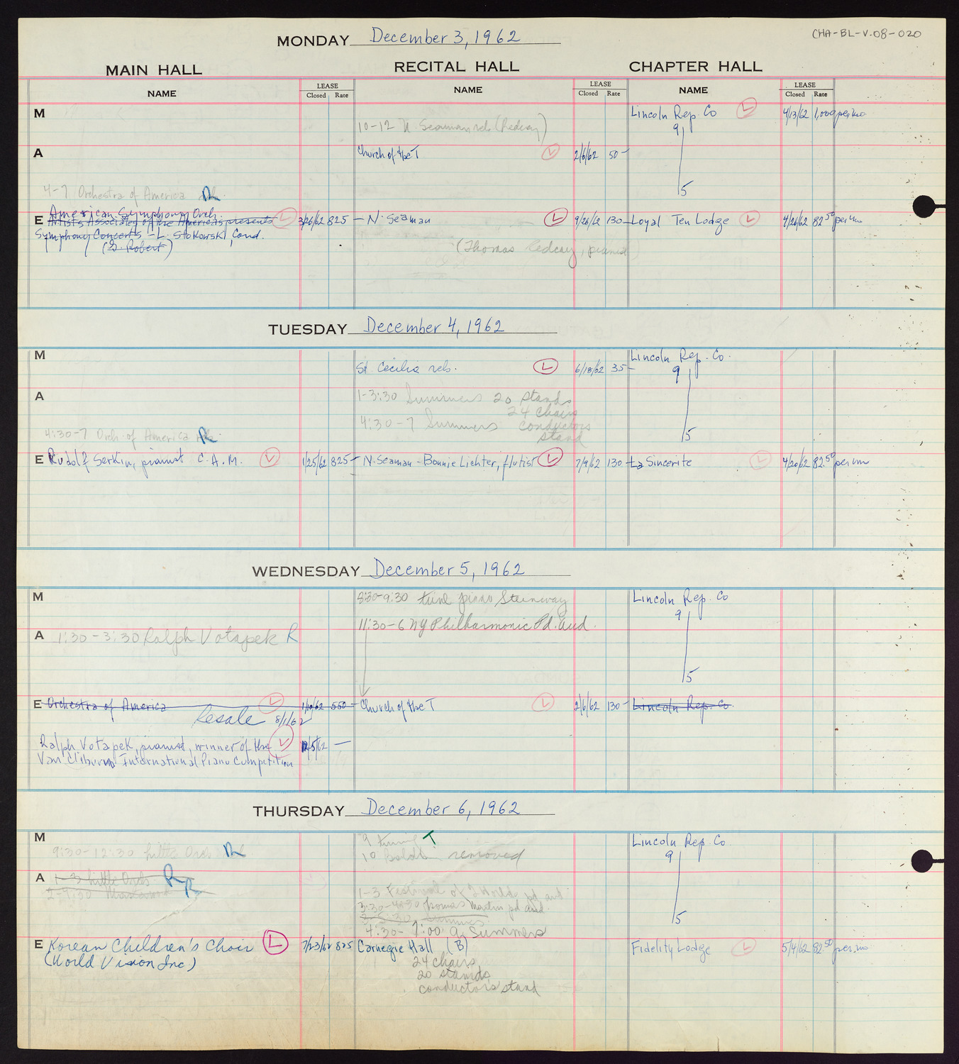 Carnegie Hall Booking Ledger, volume 8, page 20