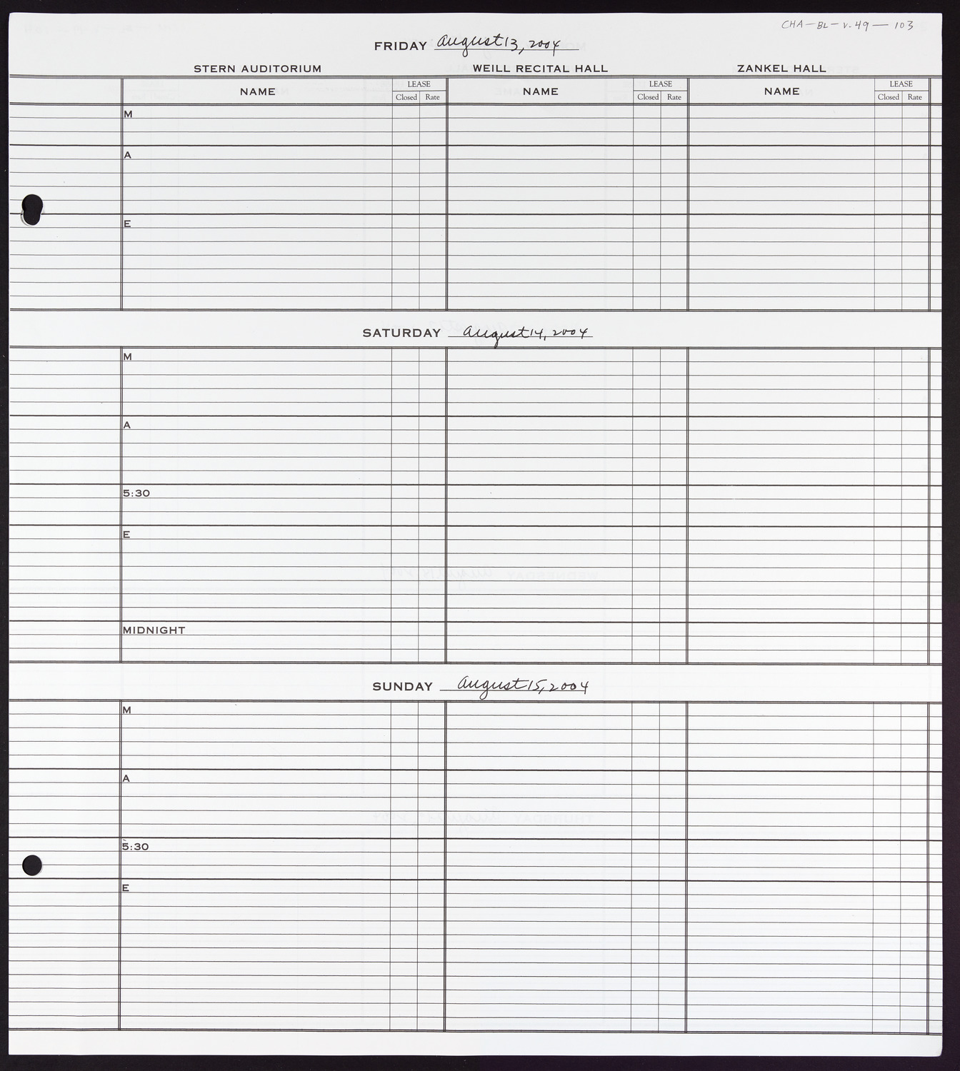 Carnegie Hall Booking Ledger, volume 49, page 103