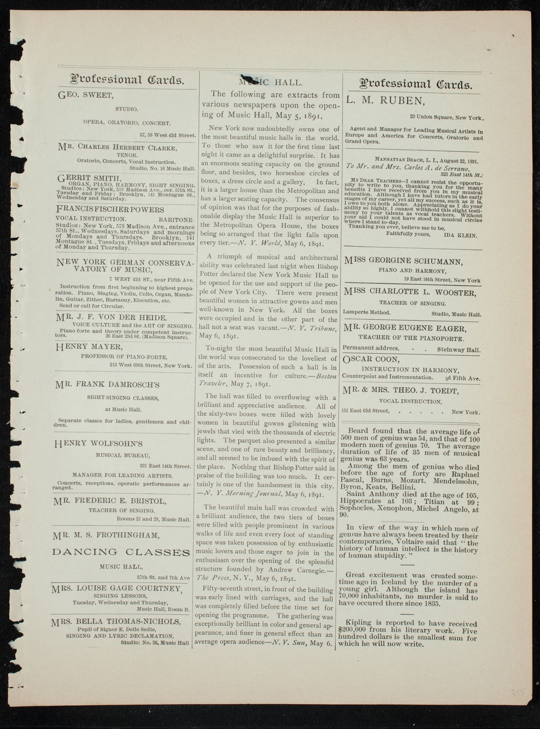 Damrosch Sunday Concert, December 13, 1891, program page 11