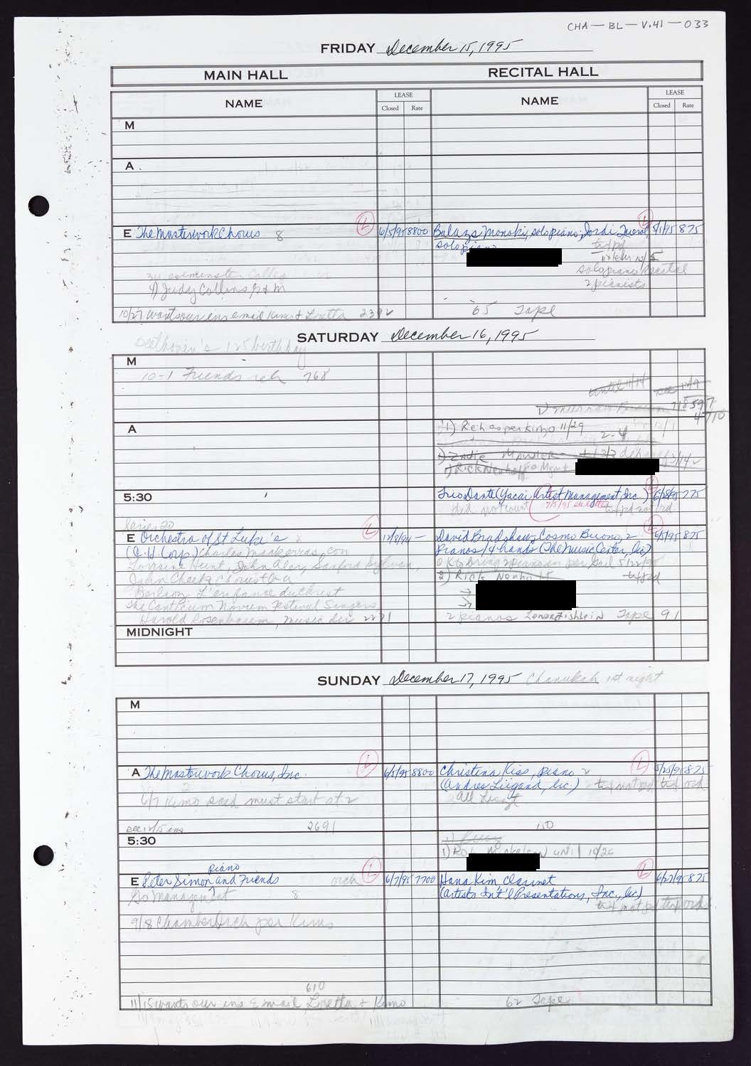 Carnegie Hall Booking Ledger, volume 41, page 33