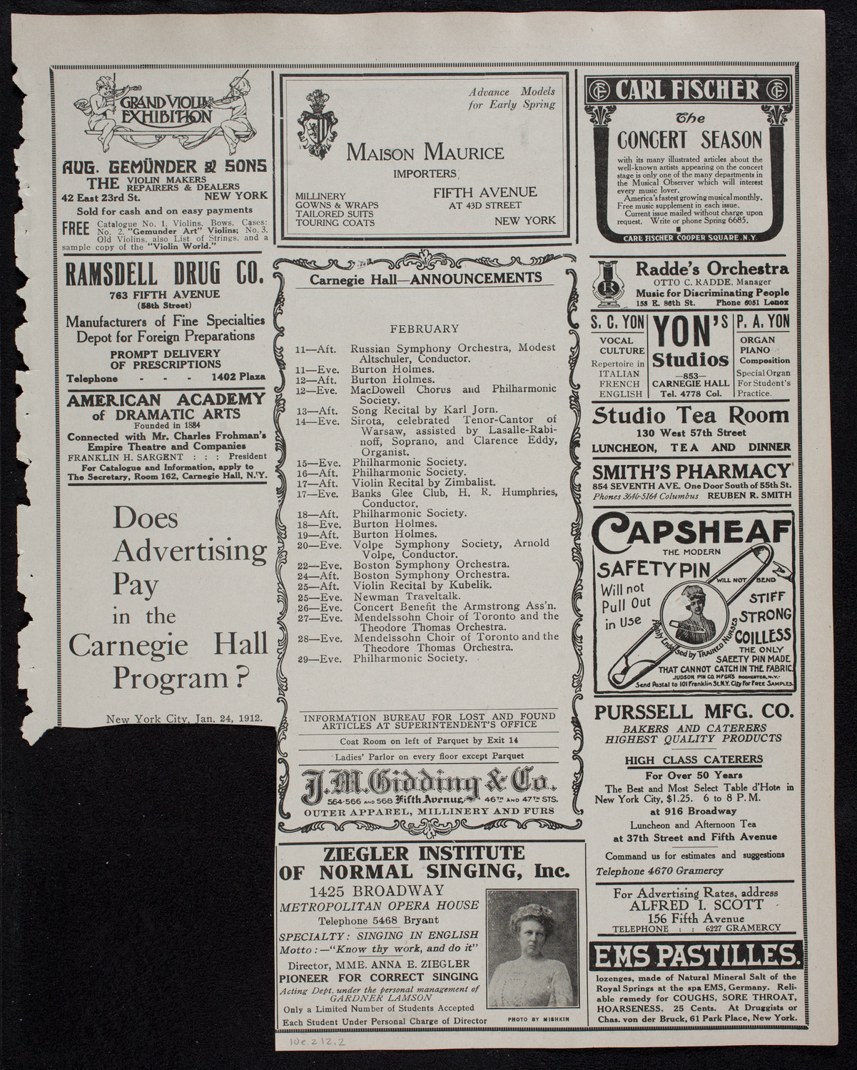 Russian Symphony Society of New York, February 10, 1912, program page 3