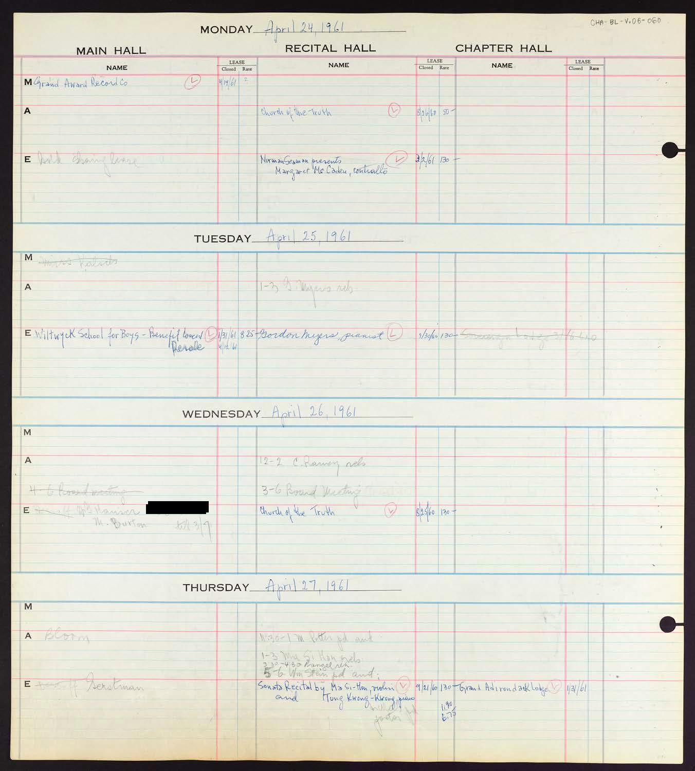 Carnegie Hall Booking Ledger, volume 6, page 60