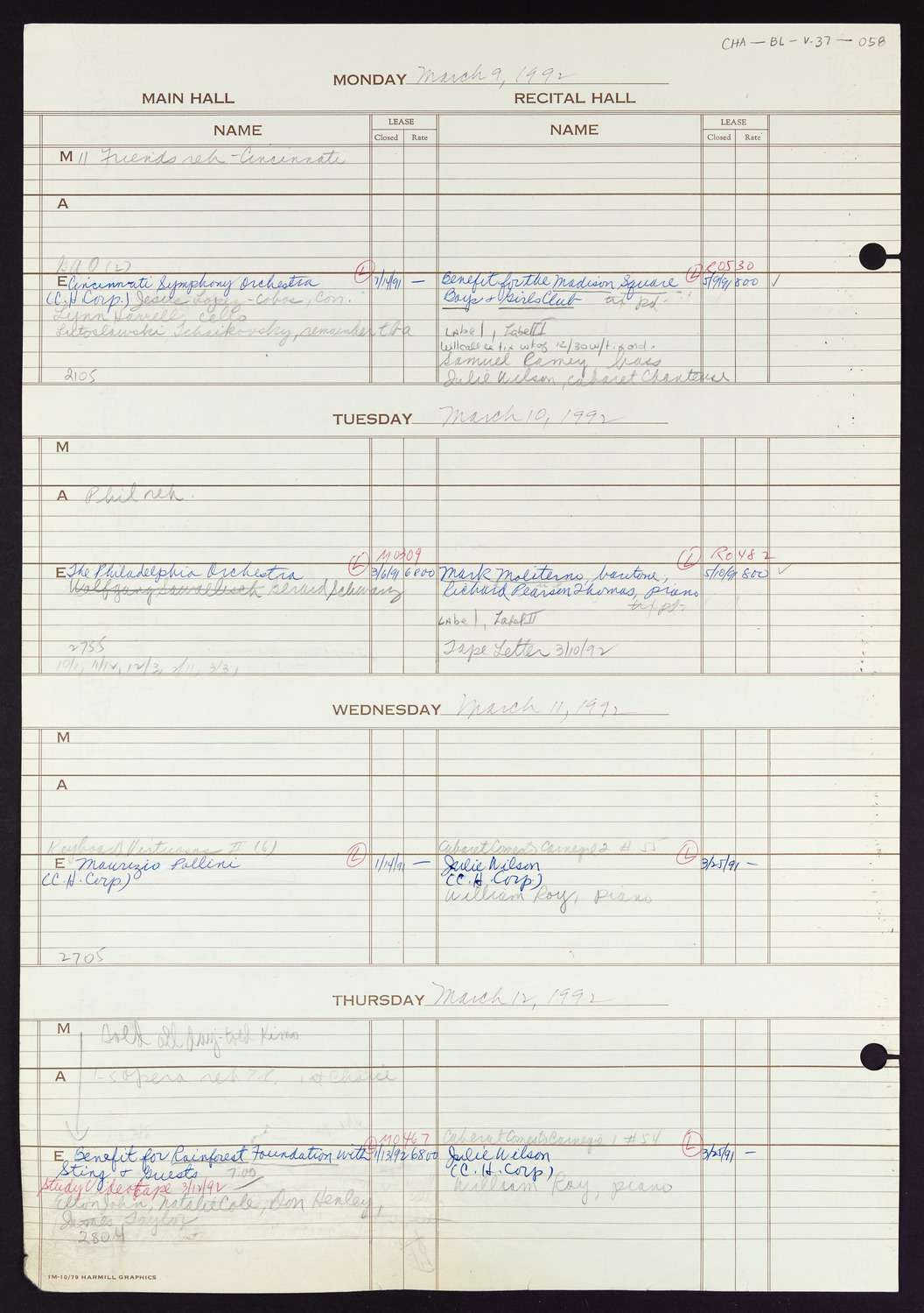 Carnegie Hall Booking Ledger, volume 37, page 58