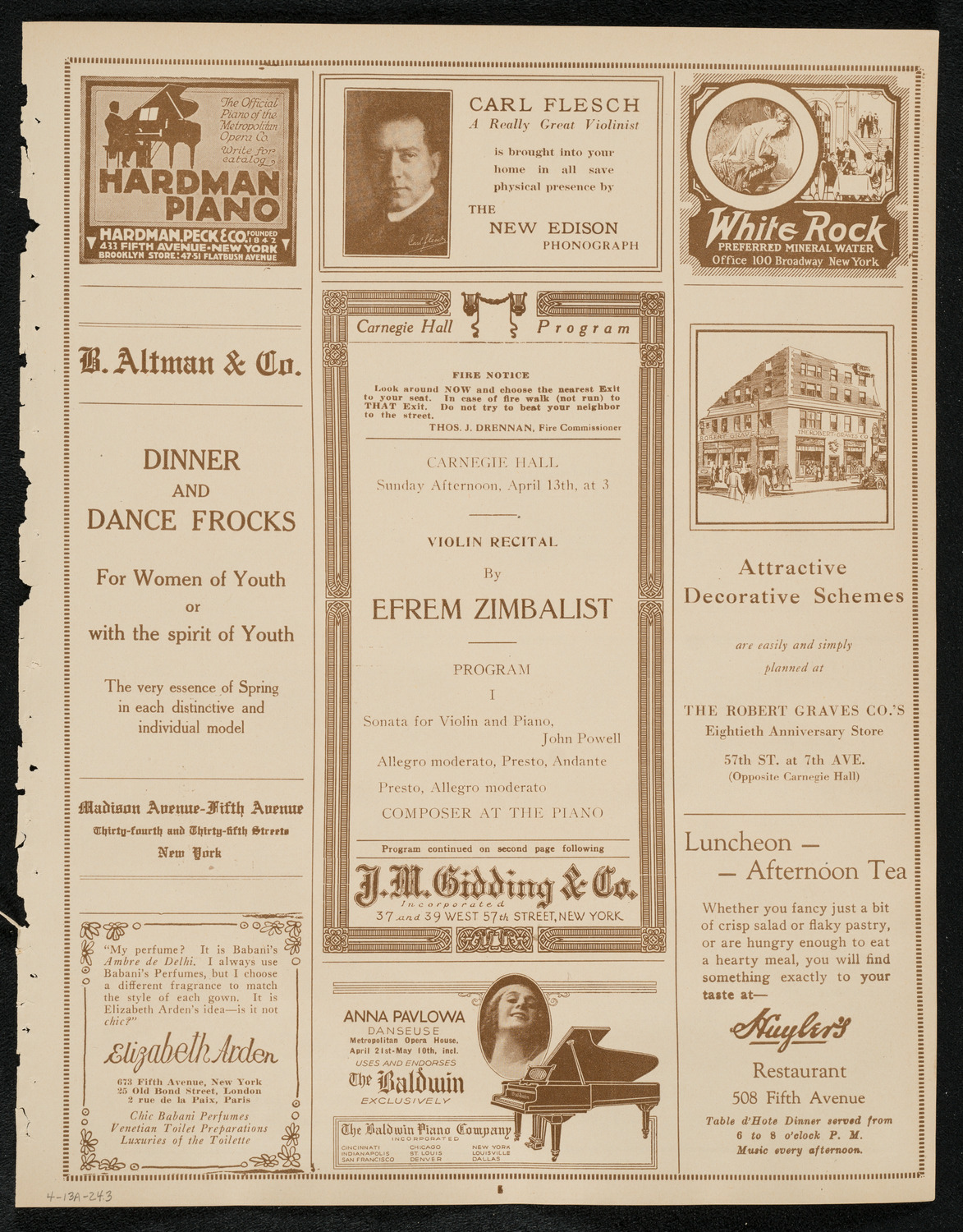 Efrem Zimbalist, Violin, April 13, 1924, program page 5