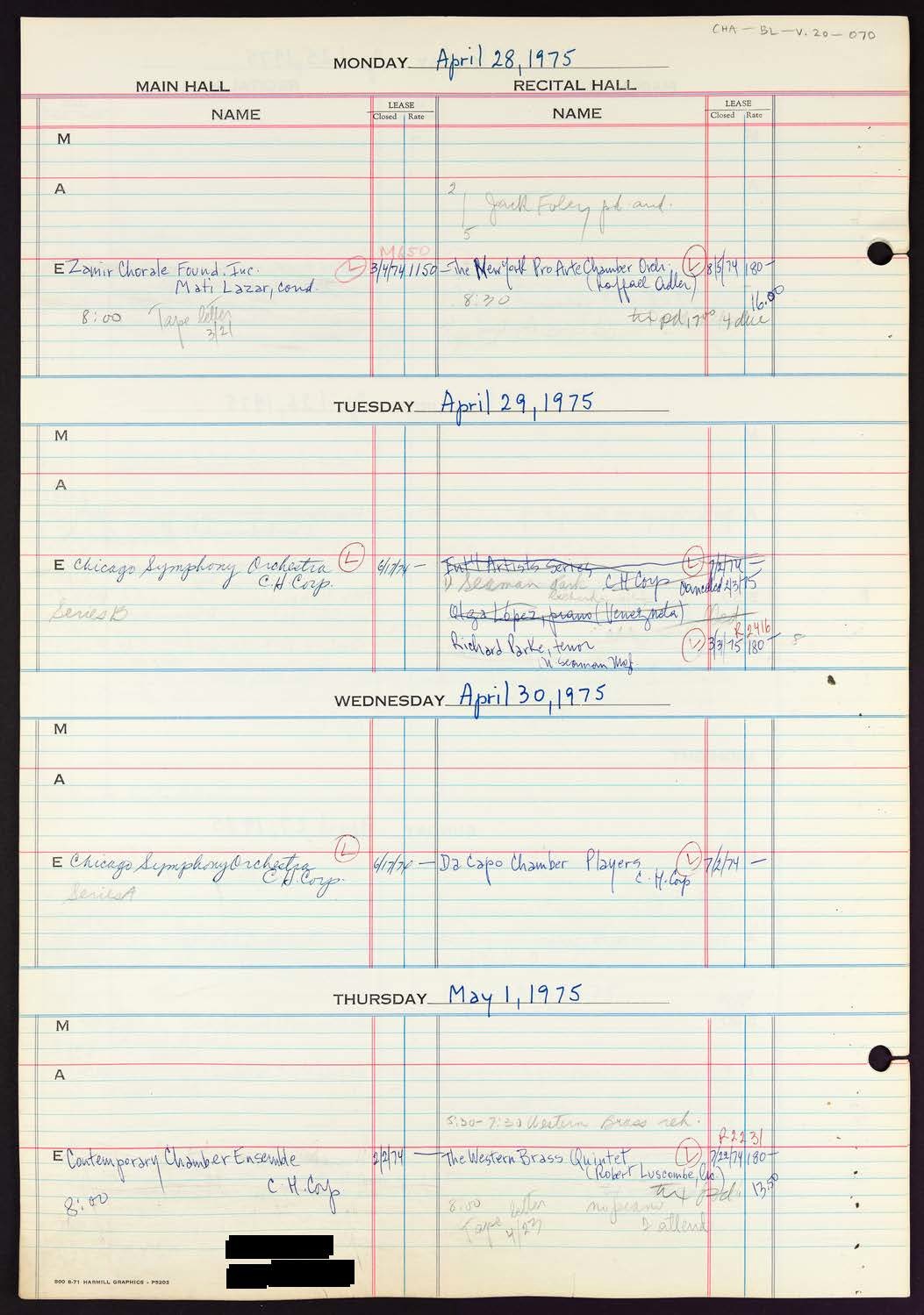 Carnegie Hall Booking Ledger, volume 20, page 70