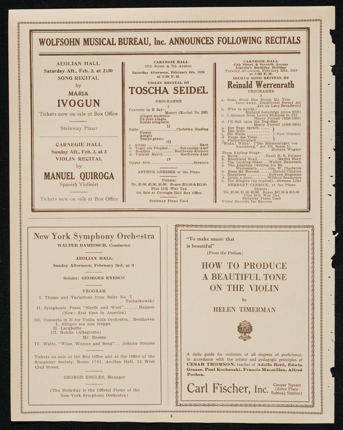 New York Philharmonic, January 27, 1924, program page 8
