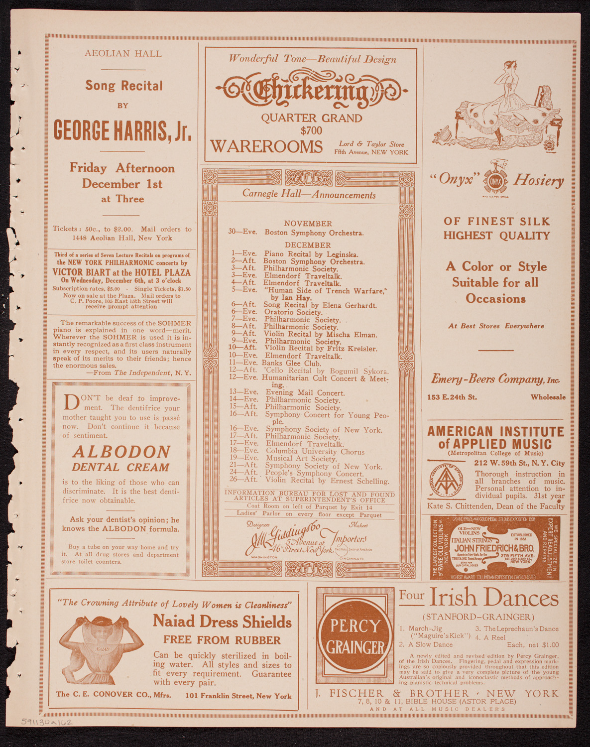 Germaine Schnitzer, Piano, November 30, 1916, program page 3