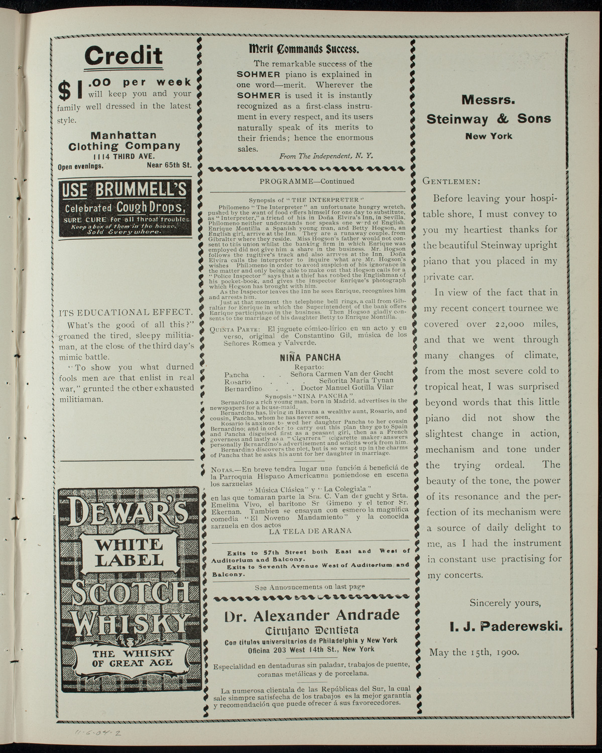 Funcion Lirico-Dramatico y de Esgrima, November 5, 1904, program page 3