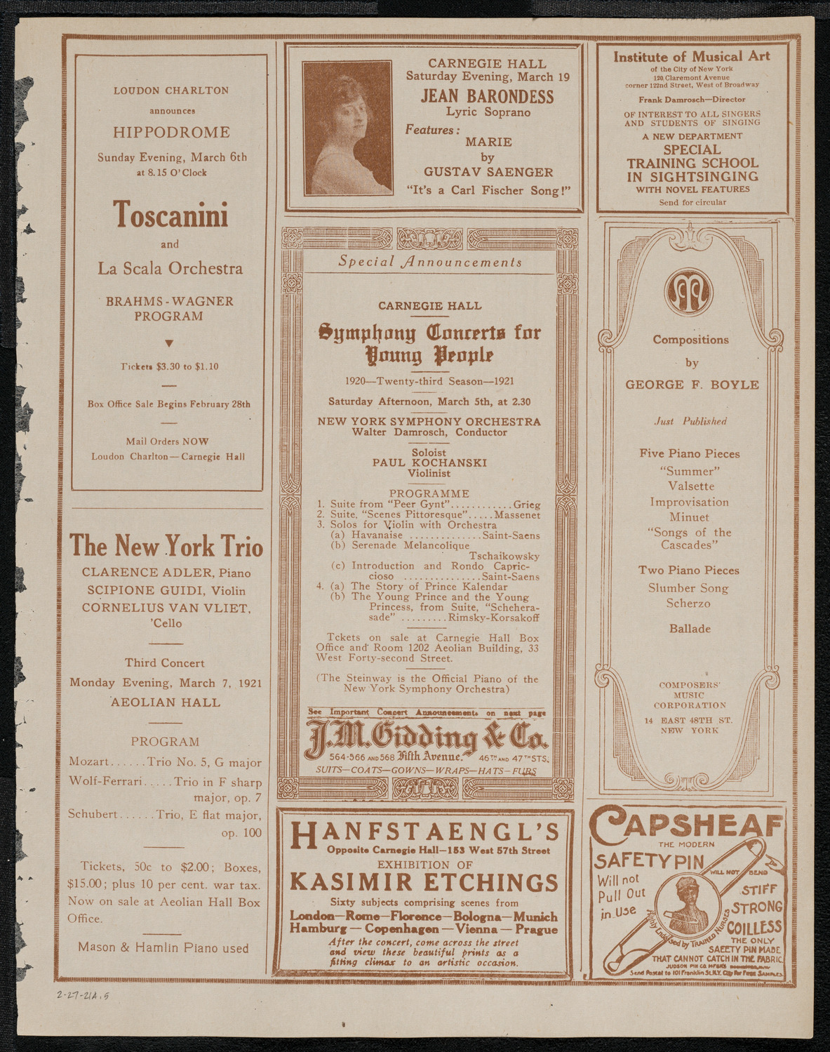New York Philharmonic, February 27, 1921, program page 9