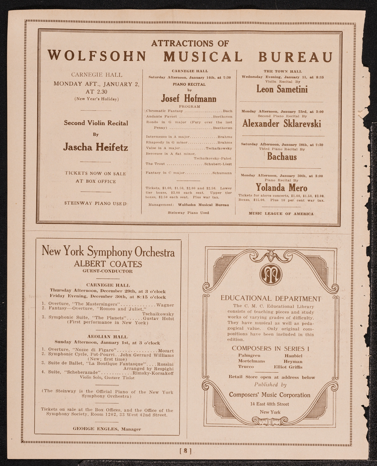 Chanuka Concert by Cantor Josef Rosenblatt, December 25, 1921, program page 8
