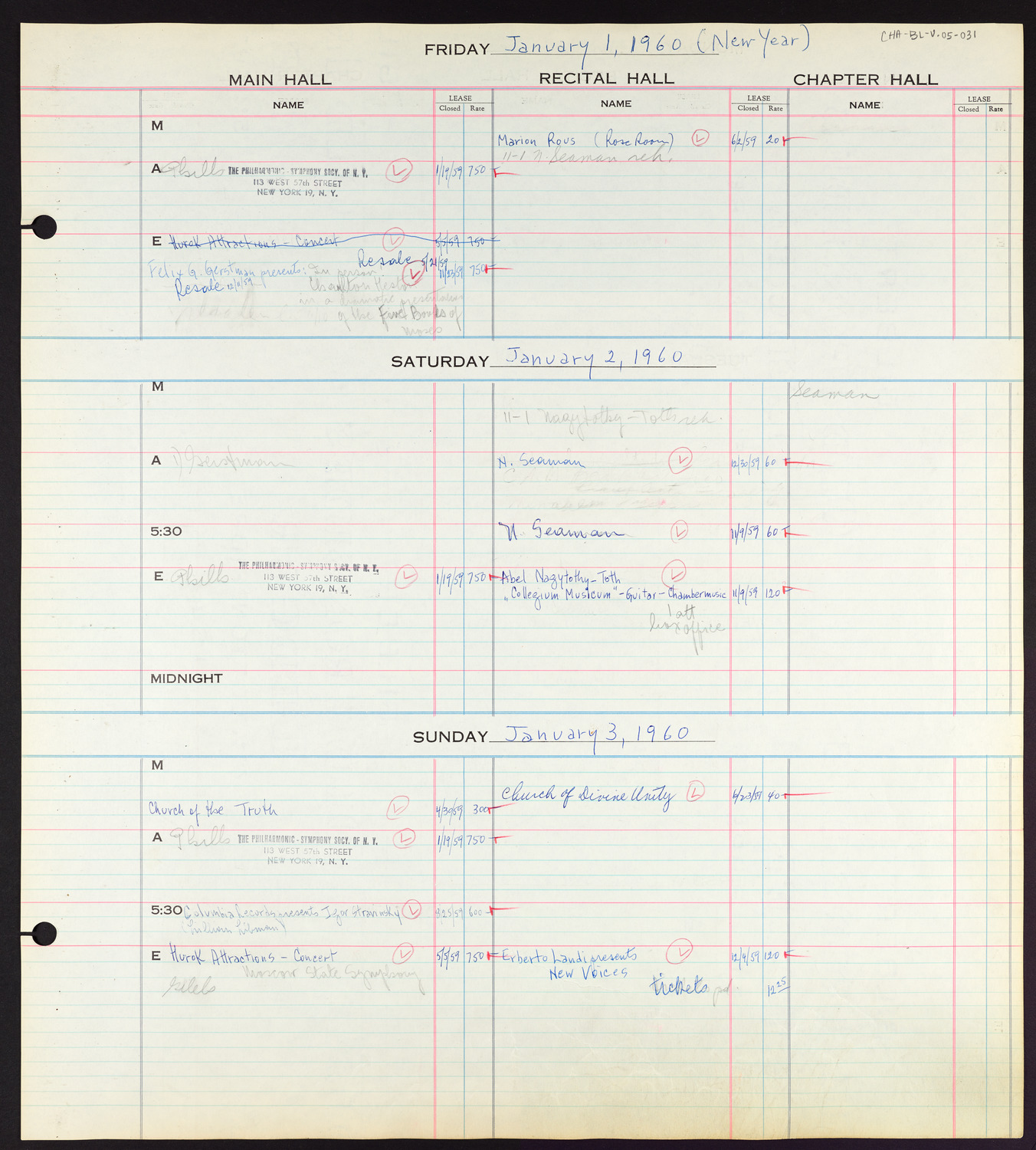 Carnegie Hall Booking Ledger, volume 5, page 31