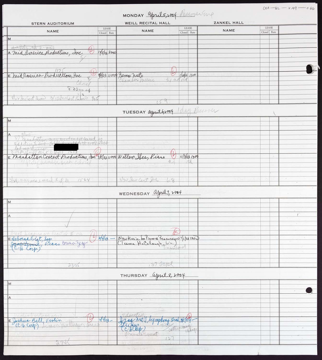 Carnegie Hall Booking Ledger, volume 49, page 66