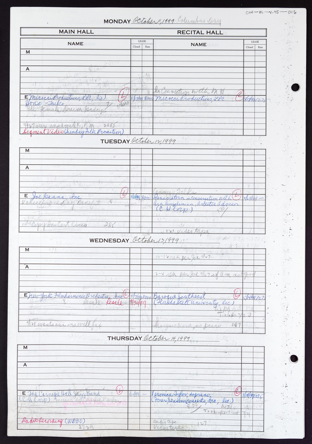 Carnegie Hall Booking Ledger, volume 45, page 16