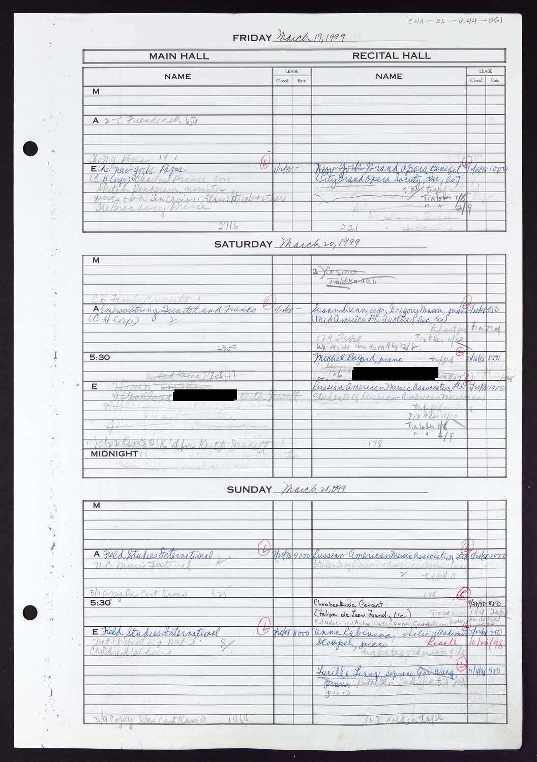 Carnegie Hall Booking Ledger, volume 44, page 61