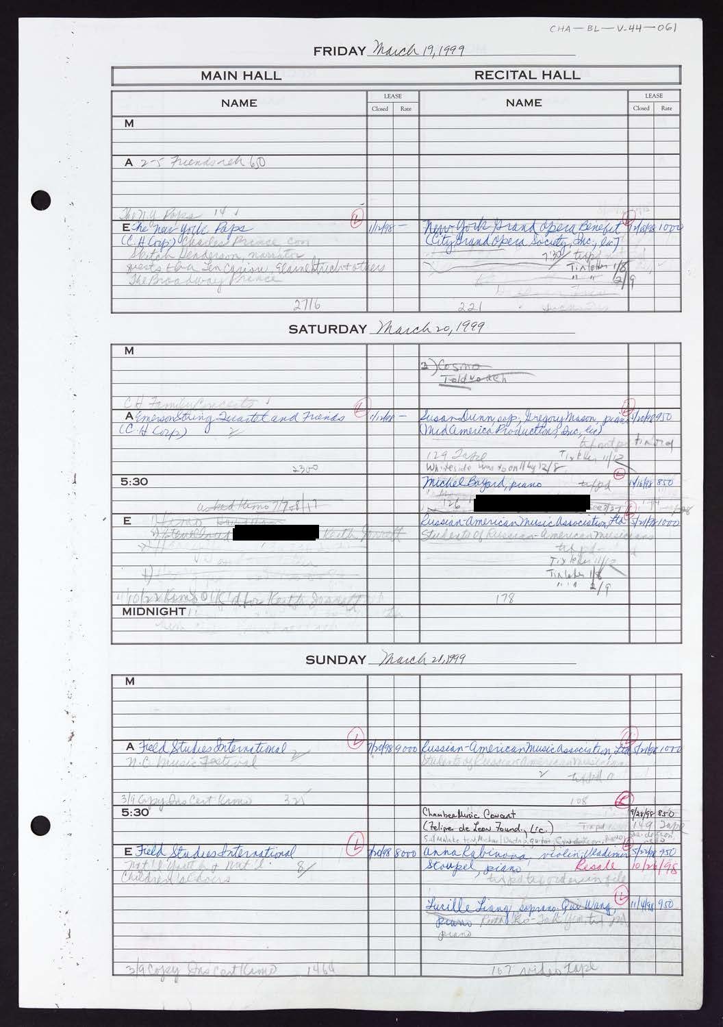 Carnegie Hall Booking Ledger, volume 44, page 61