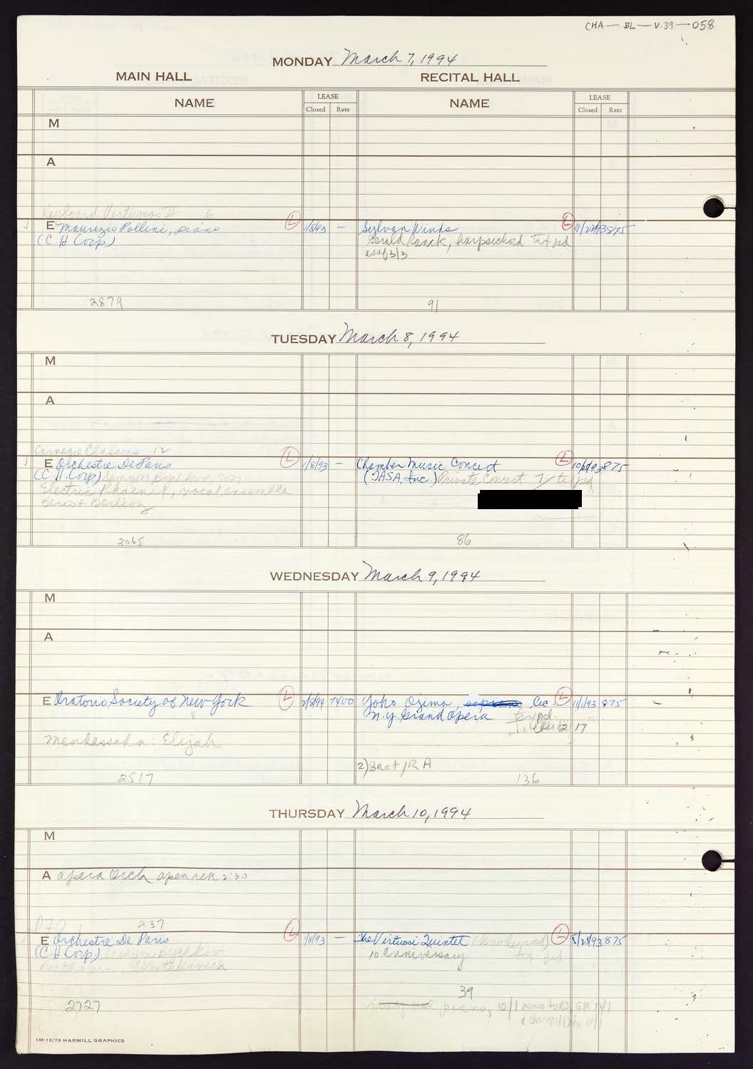 Carnegie Hall Booking Ledger, volume 39, page 58