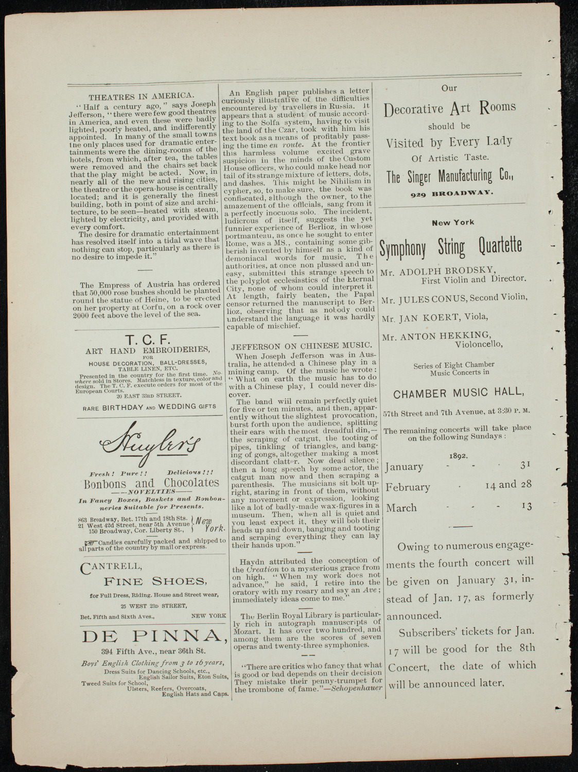 Kneisel Quartet, January 15, 1892, program page 4