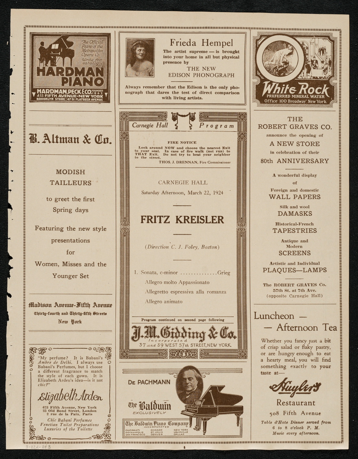 Fritz Kreisler, Violin, March 22, 1924, program page 5