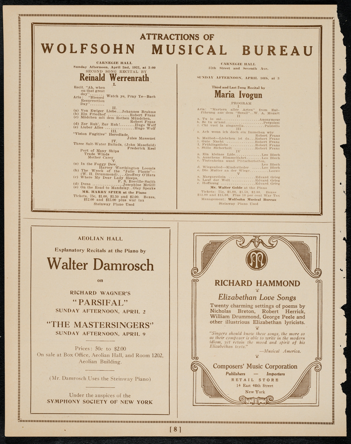New York Philharmonic, March 31, 1922, program page 8