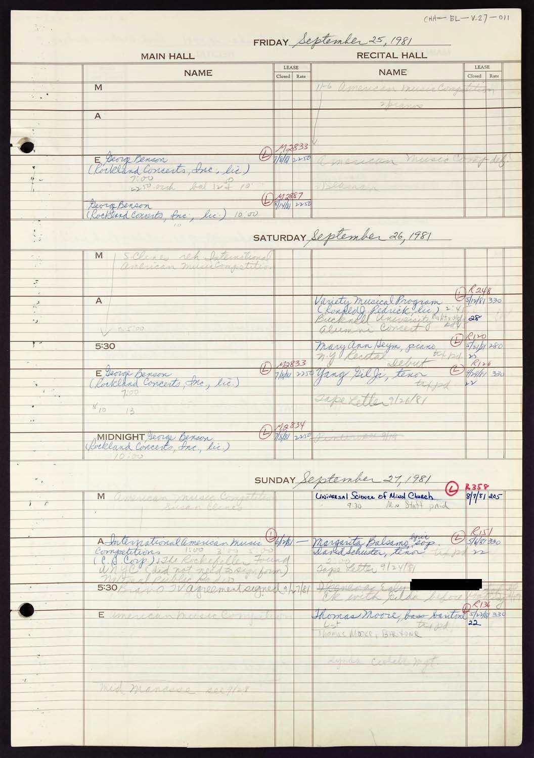 Carnegie Hall Booking Ledger, volume 27, page 11