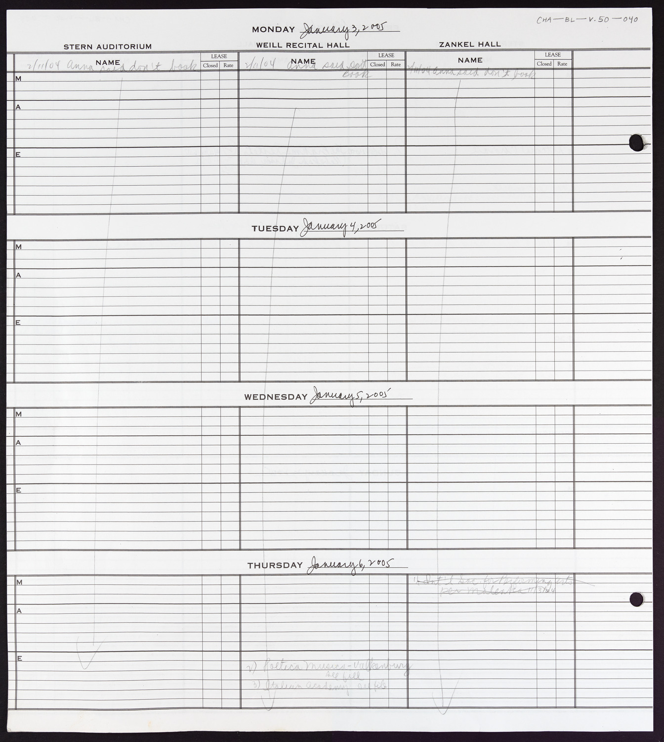 Carnegie Hall Booking Ledger, volume 50, page 40