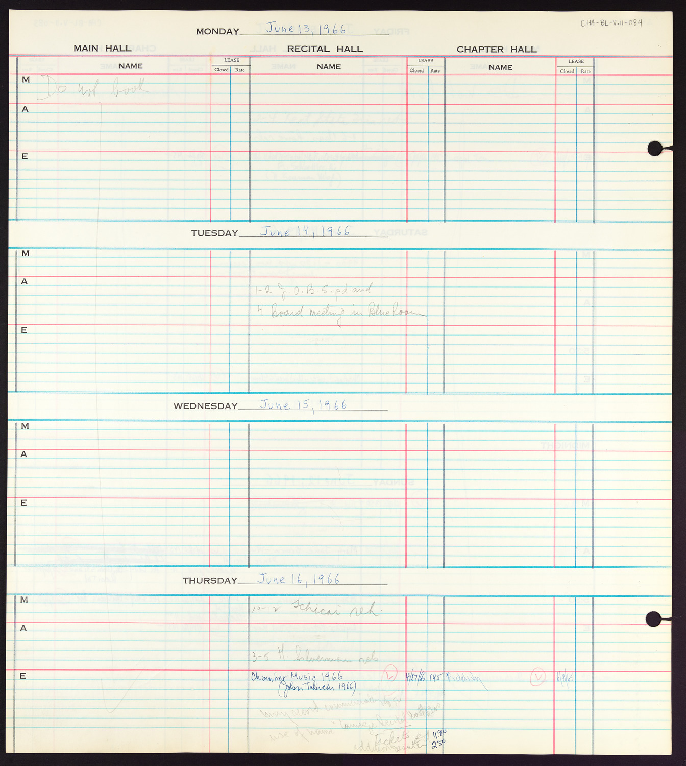 Carnegie Hall Booking Ledger, volume 11, page 84