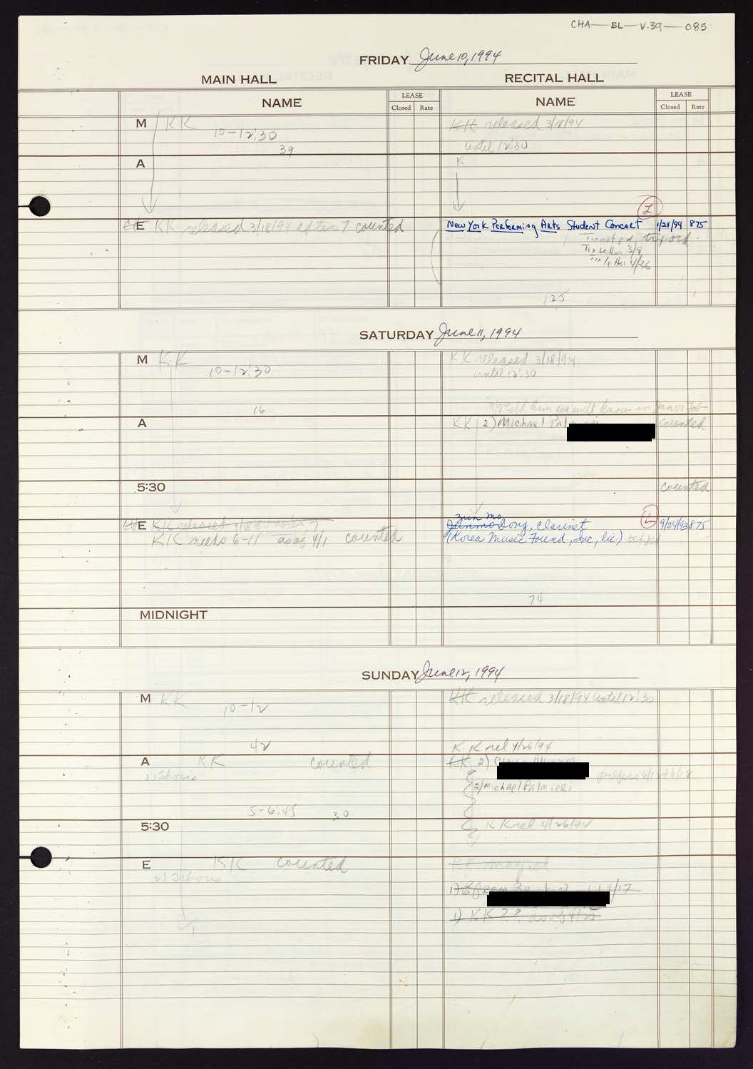 Carnegie Hall Booking Ledger, volume 39, page 85