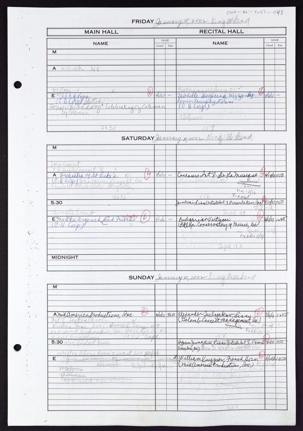 Carnegie Hall Booking Ledger, volume 47, page 43