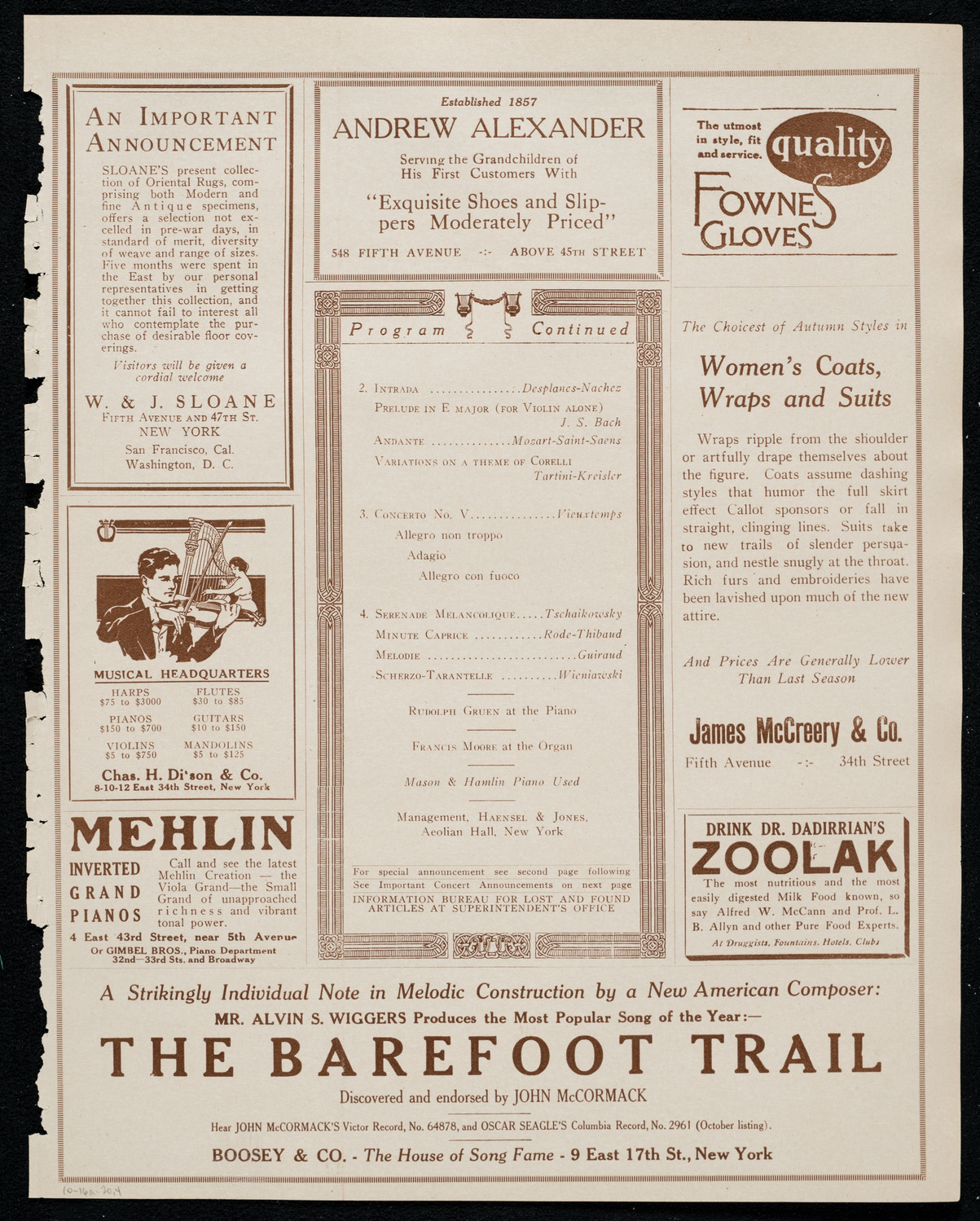Josef Stopak, Violin, October 16, 1920, program page 7