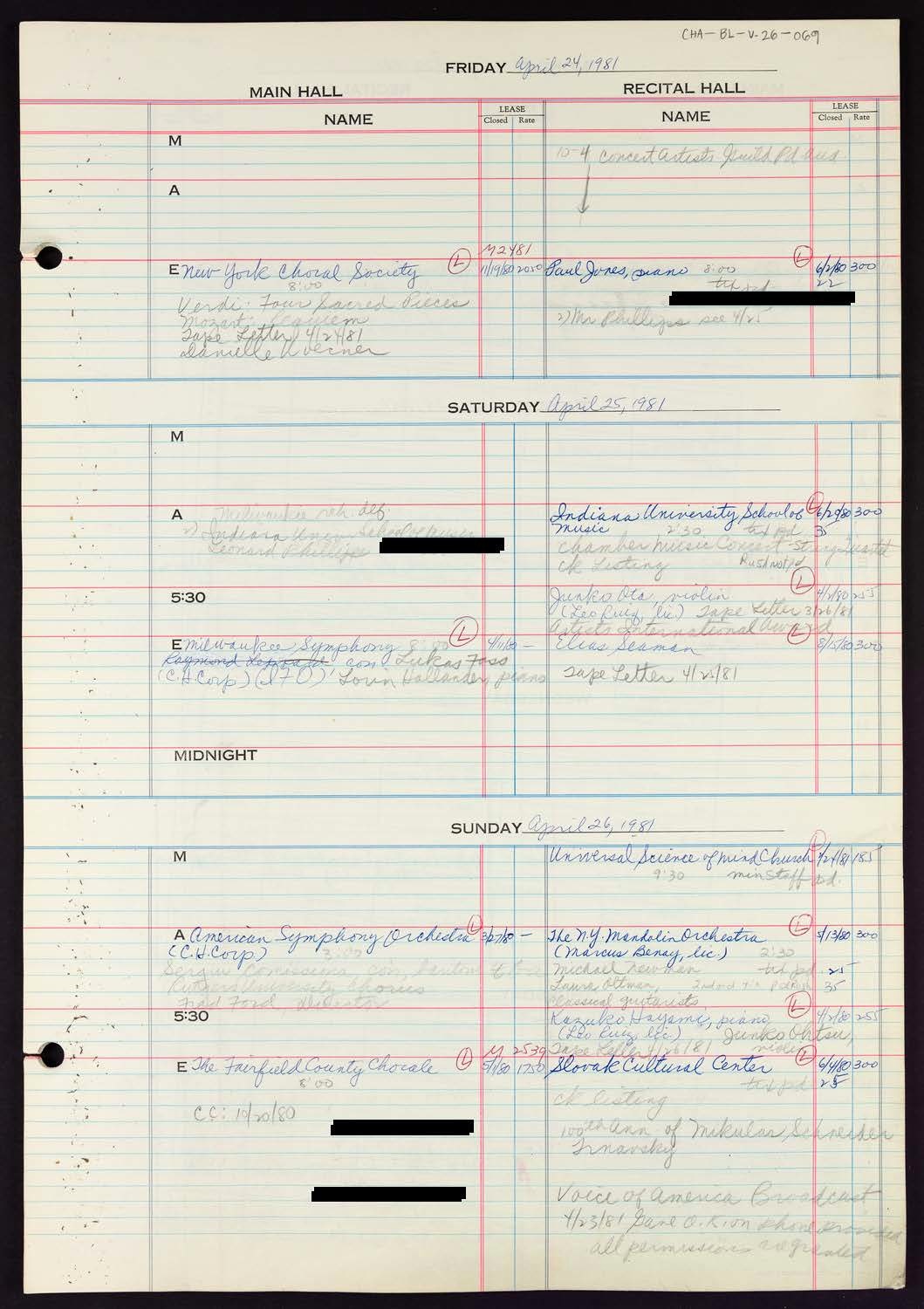 Carnegie Hall Booking Ledger, volume 26, page 69