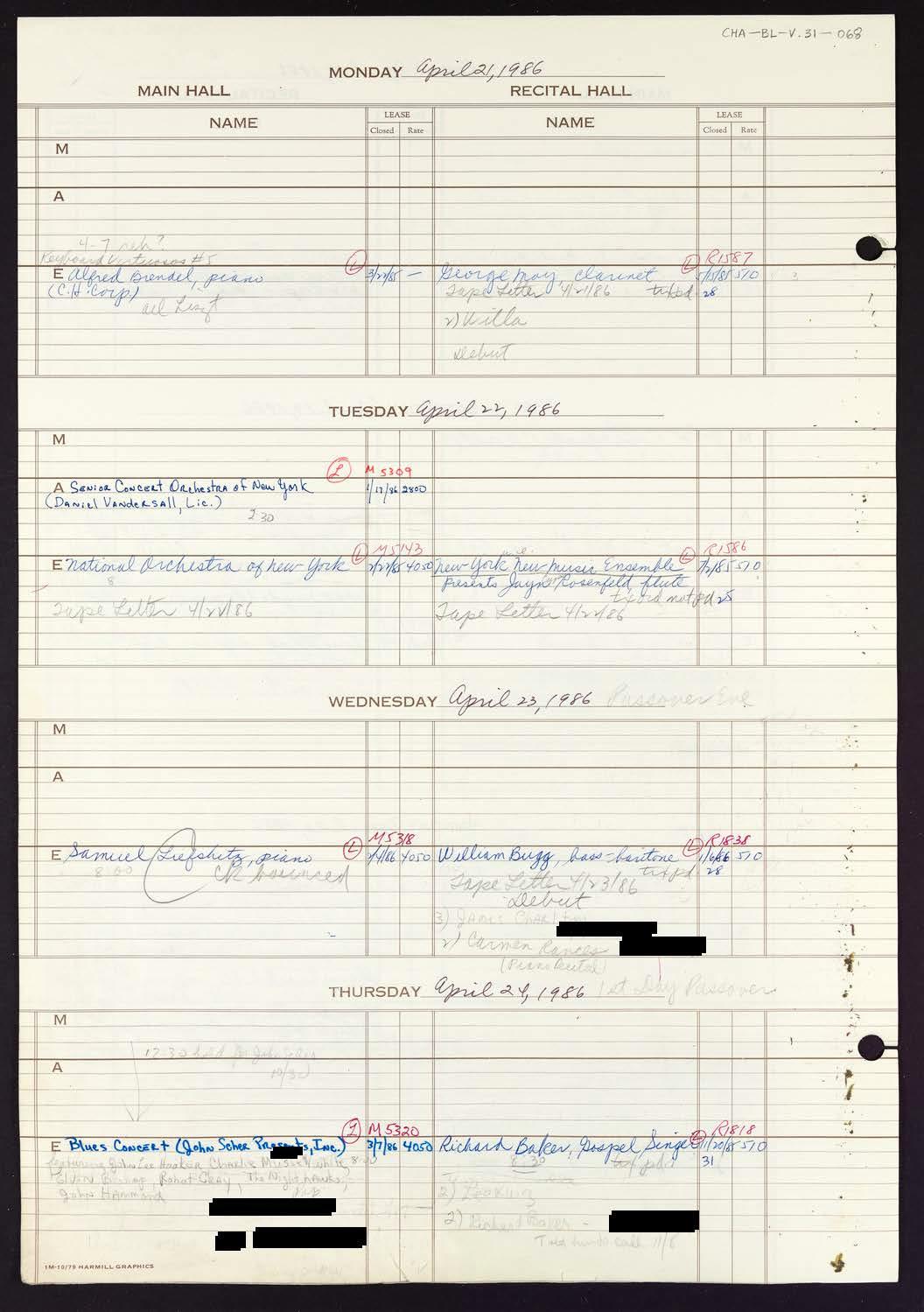 Carnegie Hall Booking Ledger, volume 31, page 68