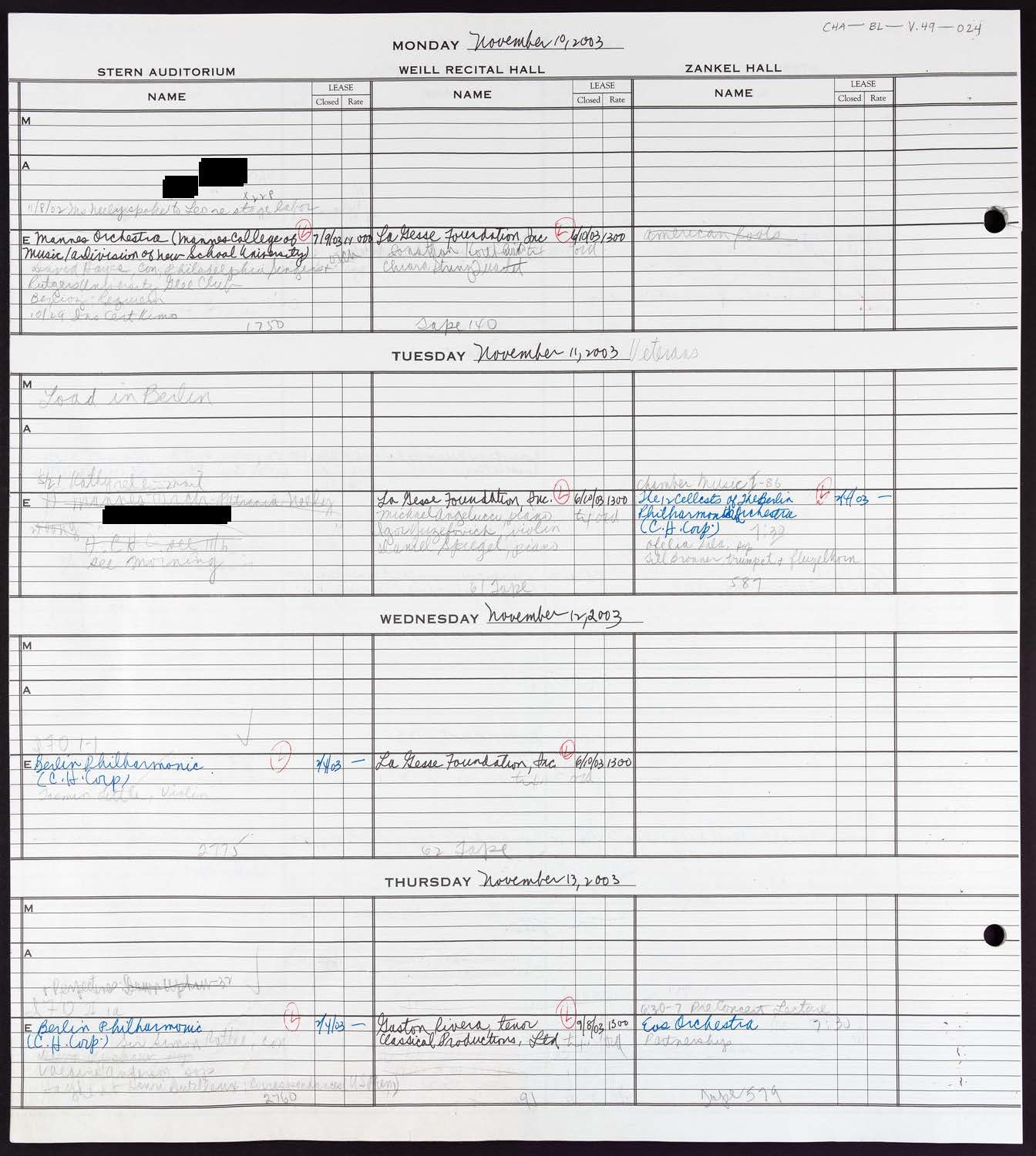 Carnegie Hall Booking Ledger, volume 49, page 24