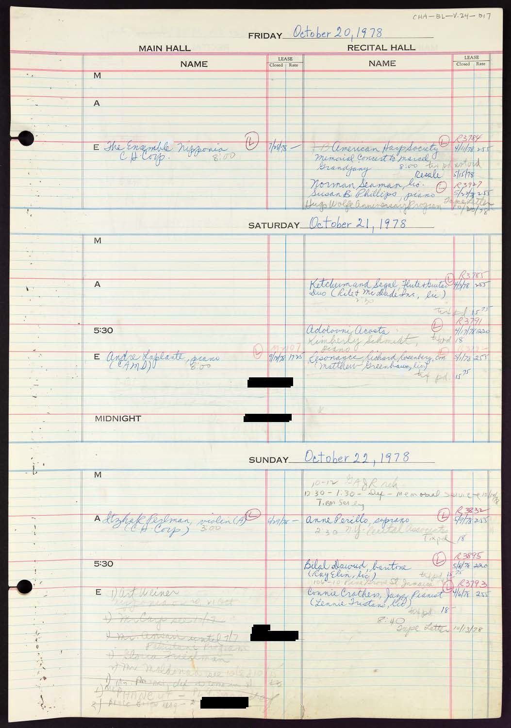 Carnegie Hall Booking Ledger, volume 24, page 17