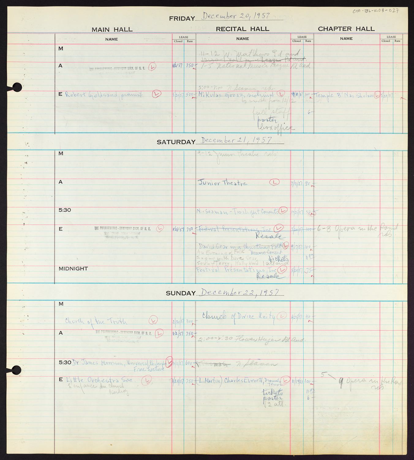 Carnegie Hall Booking Ledger, volume 3, page 27