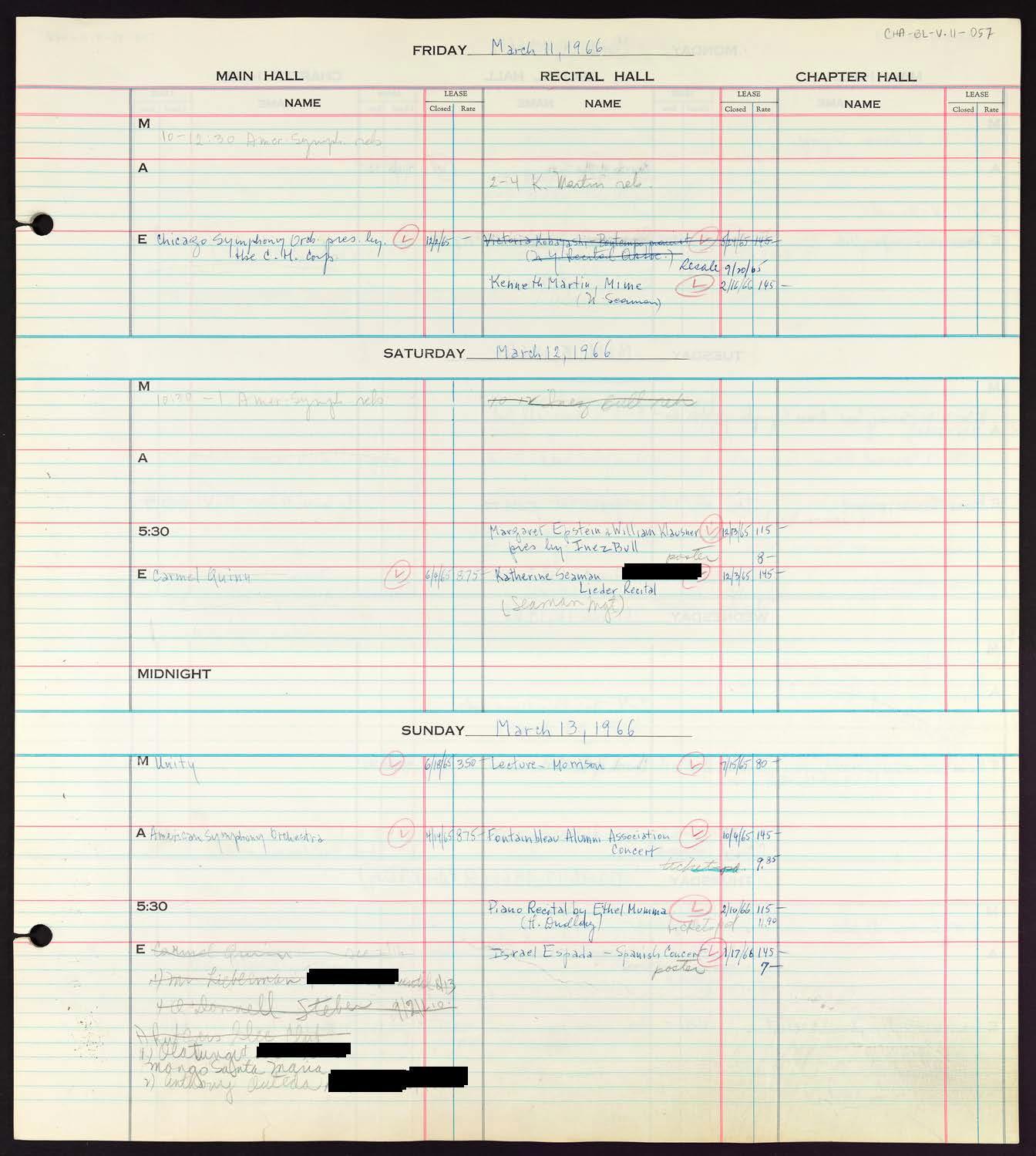 Carnegie Hall Booking Ledger, volume 11, page 57