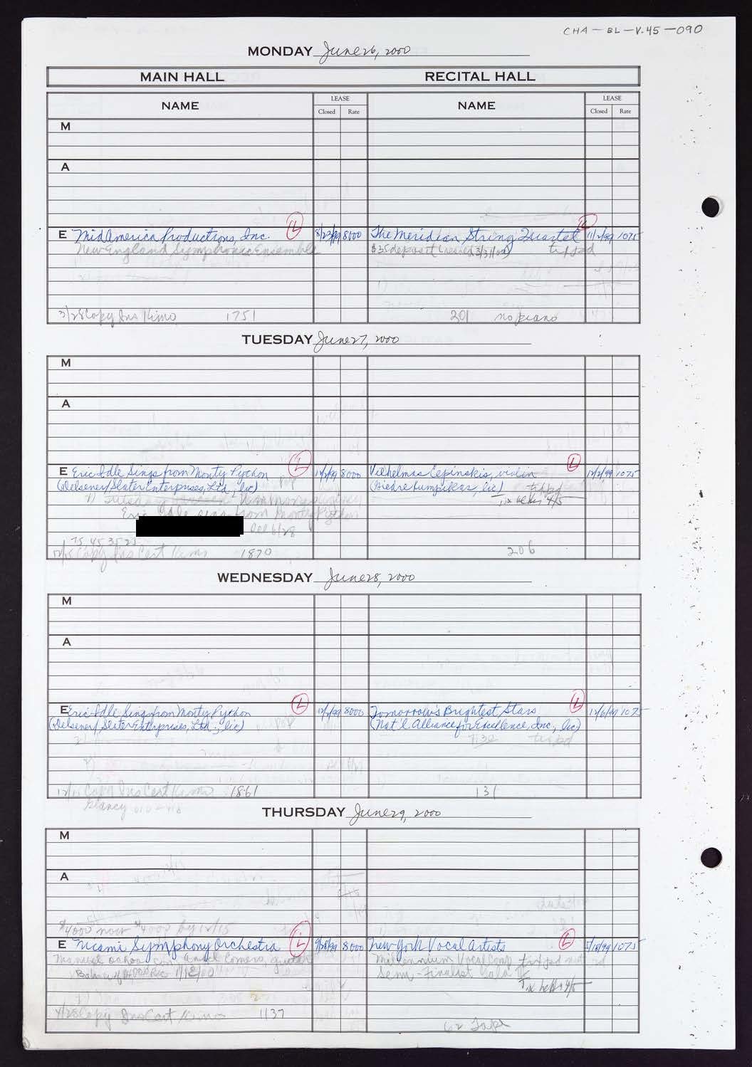 Carnegie Hall Booking Ledger, volume 45, page 90