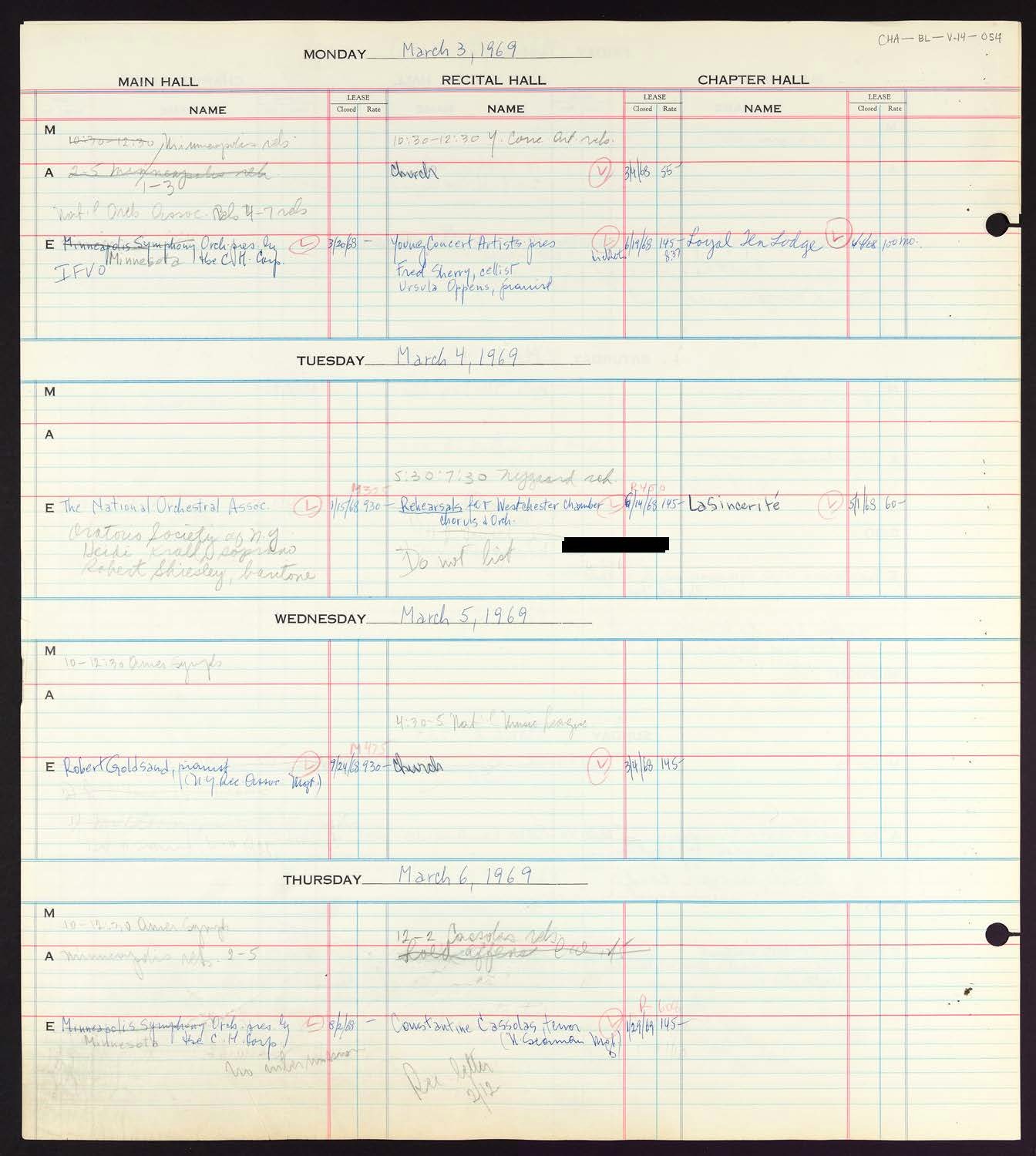 Carnegie Hall Booking Ledger, volume 14, page 54
