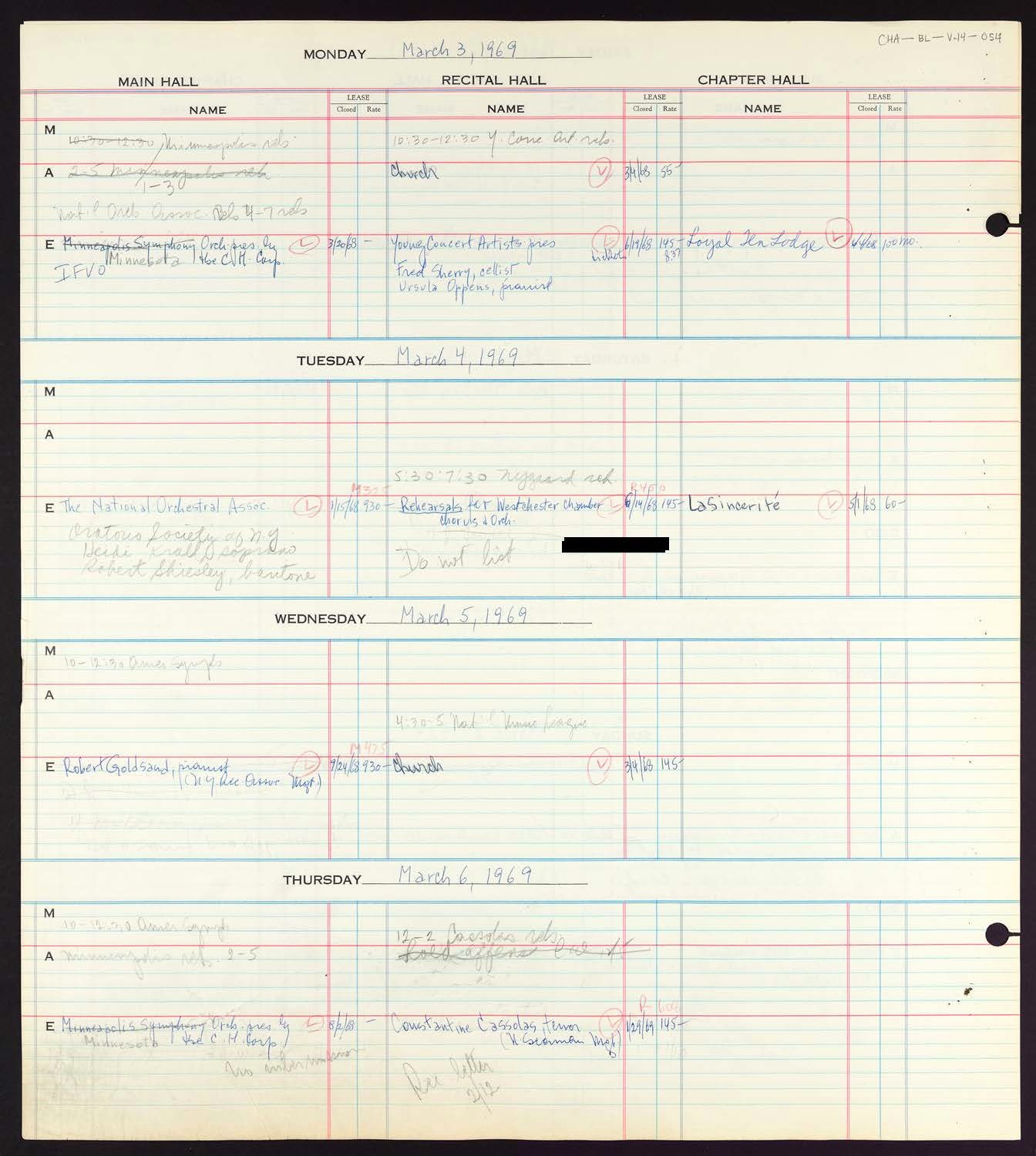 Carnegie Hall Booking Ledger, volume 14, page 54