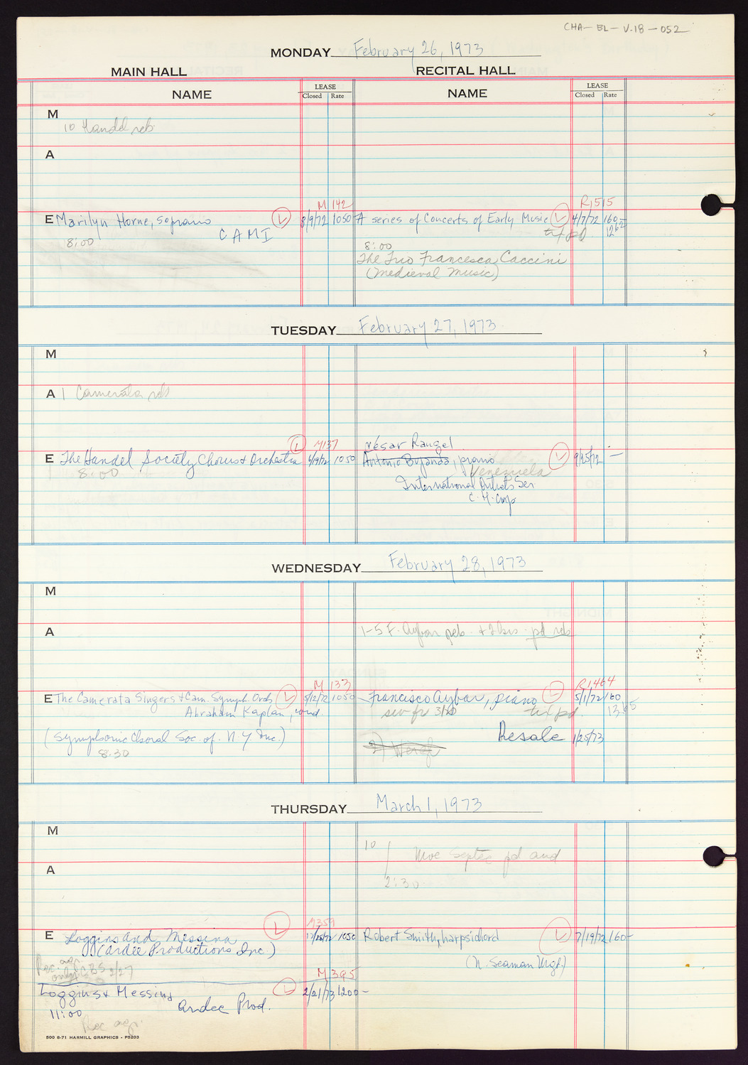 Carnegie Hall Booking Ledger, volume 18, page 52