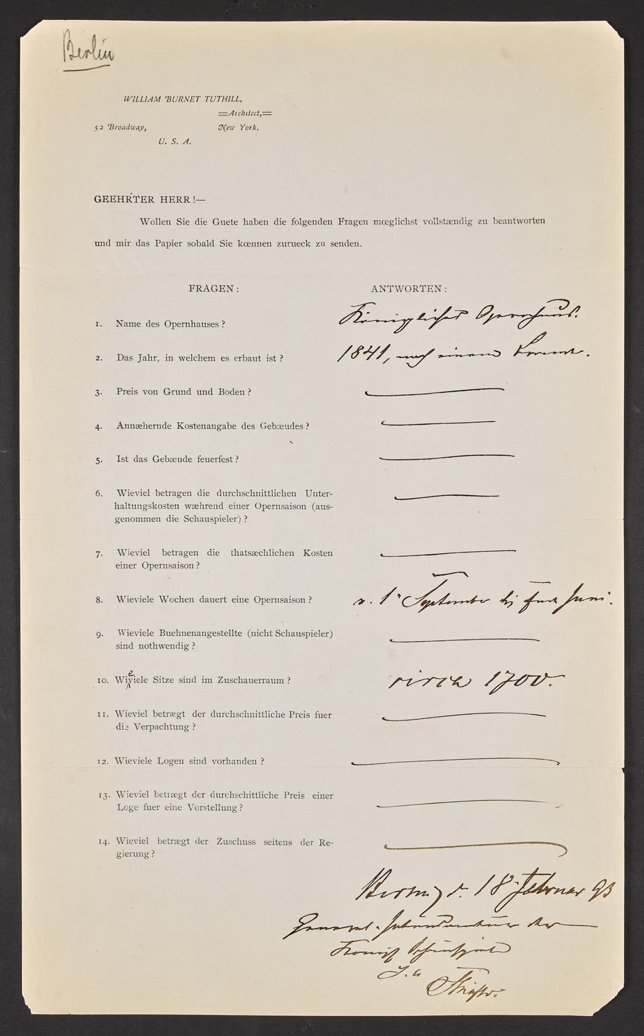 Questionnaire to Königliches Opernhaus, February 18, 1893