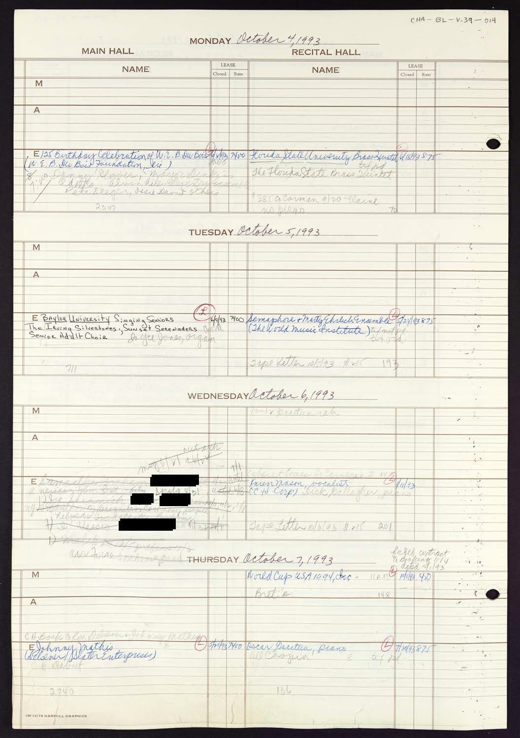 Carnegie Hall Booking Ledger, volume 39, page 14