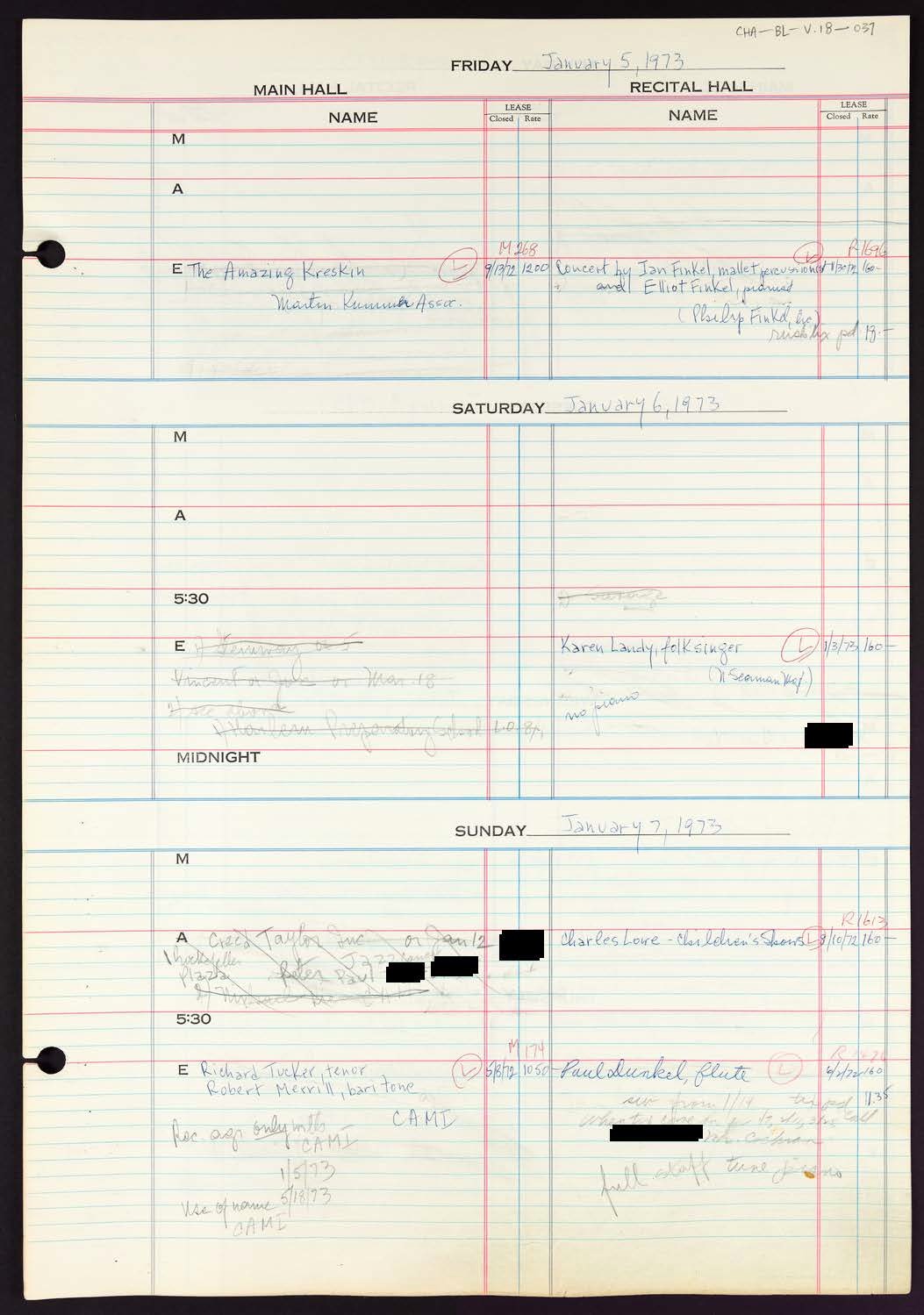 Carnegie Hall Booking Ledger, volume 18, page 37