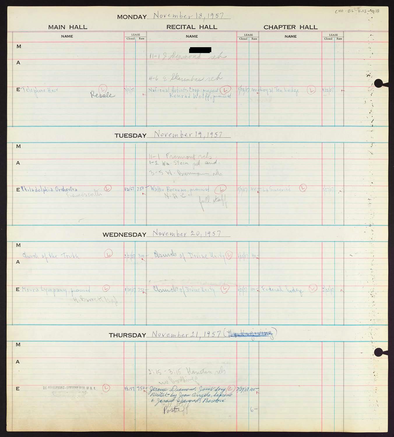 Carnegie Hall Booking Ledger, volume 3, page 18