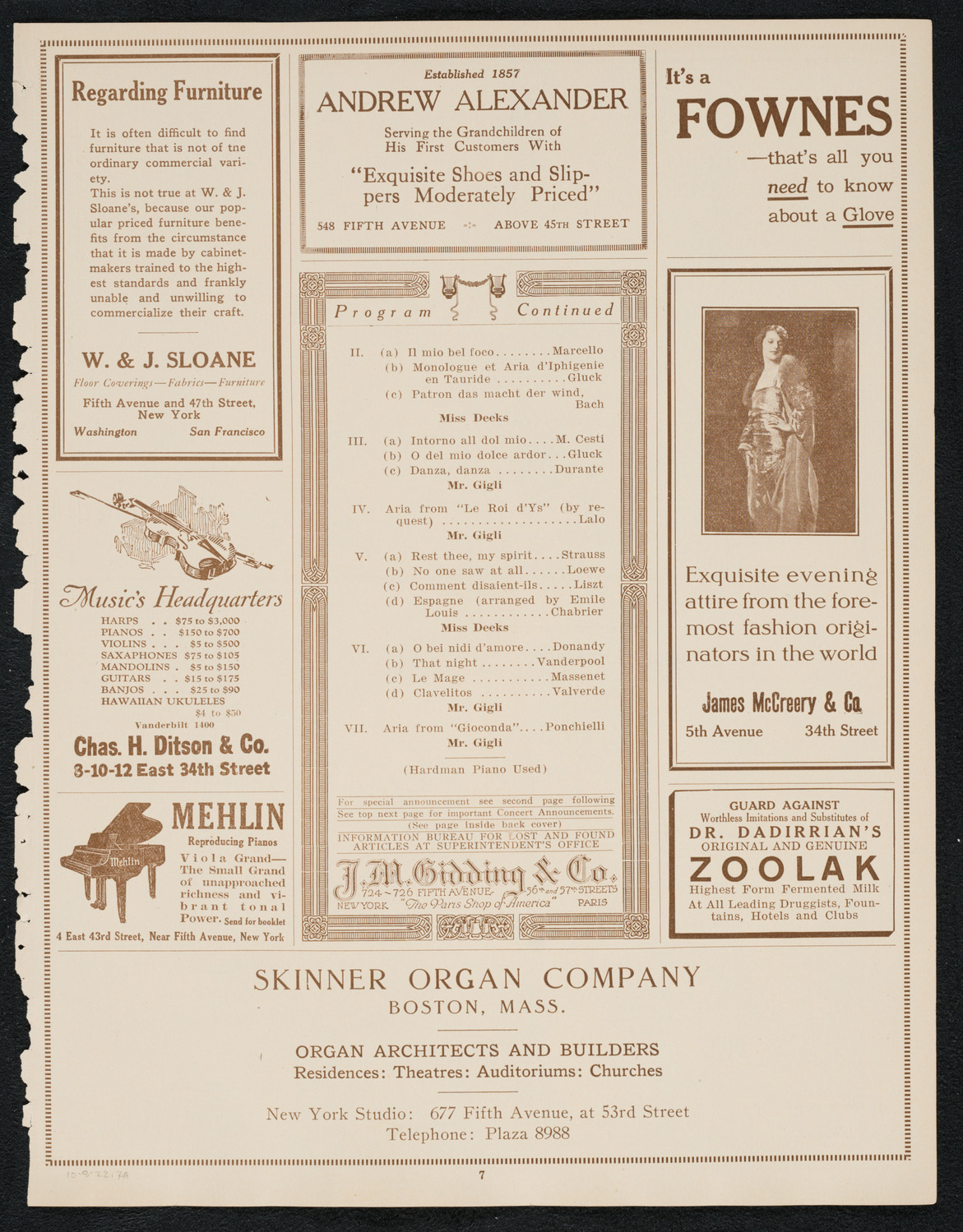 Beniamino Gigli, Tenor, October 8, 1922, program page 7