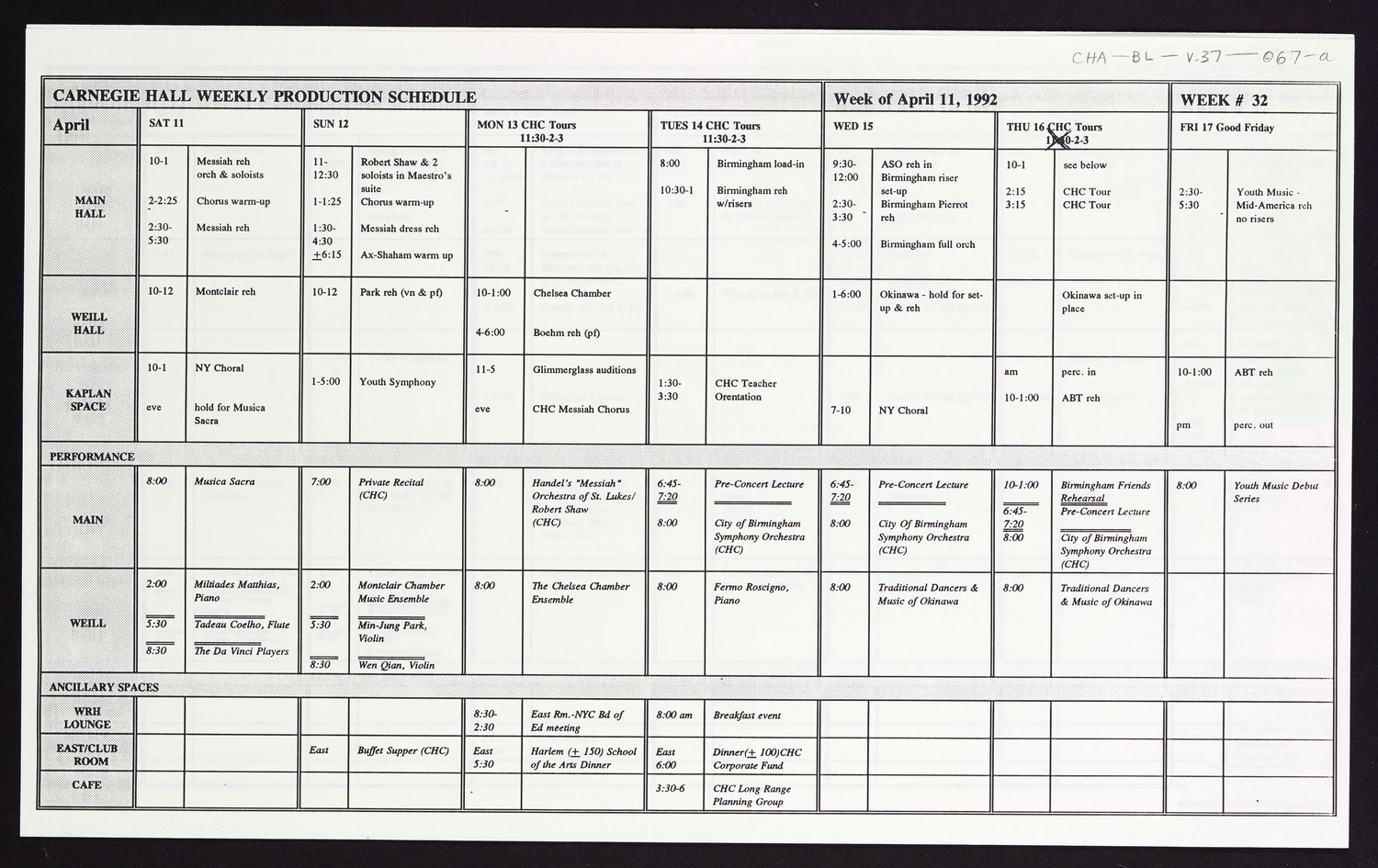 Carnegie Hall Booking Ledger, volume 37, page 67a