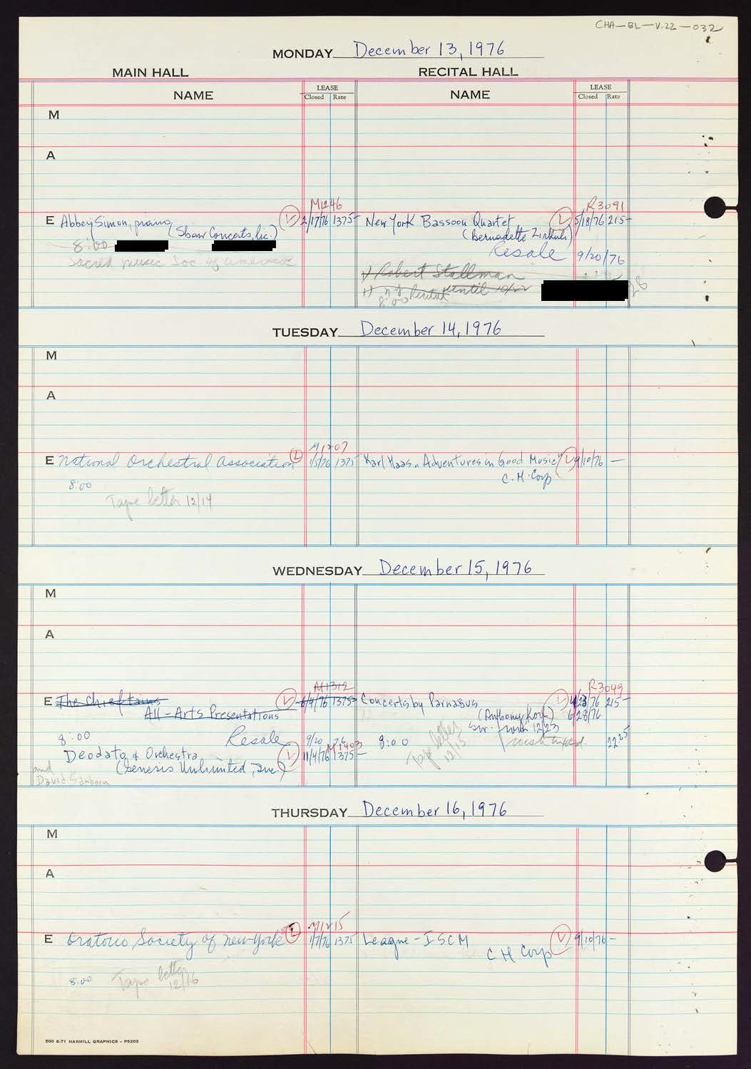 Carnegie Hall Booking Ledger, volume 22, page 32